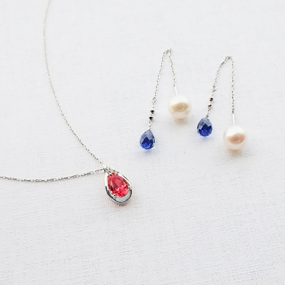 パパラチアサファイア/ダイヤモンド PTネックレス(クレサンベール/ペアシェイプ/9月誕生石)