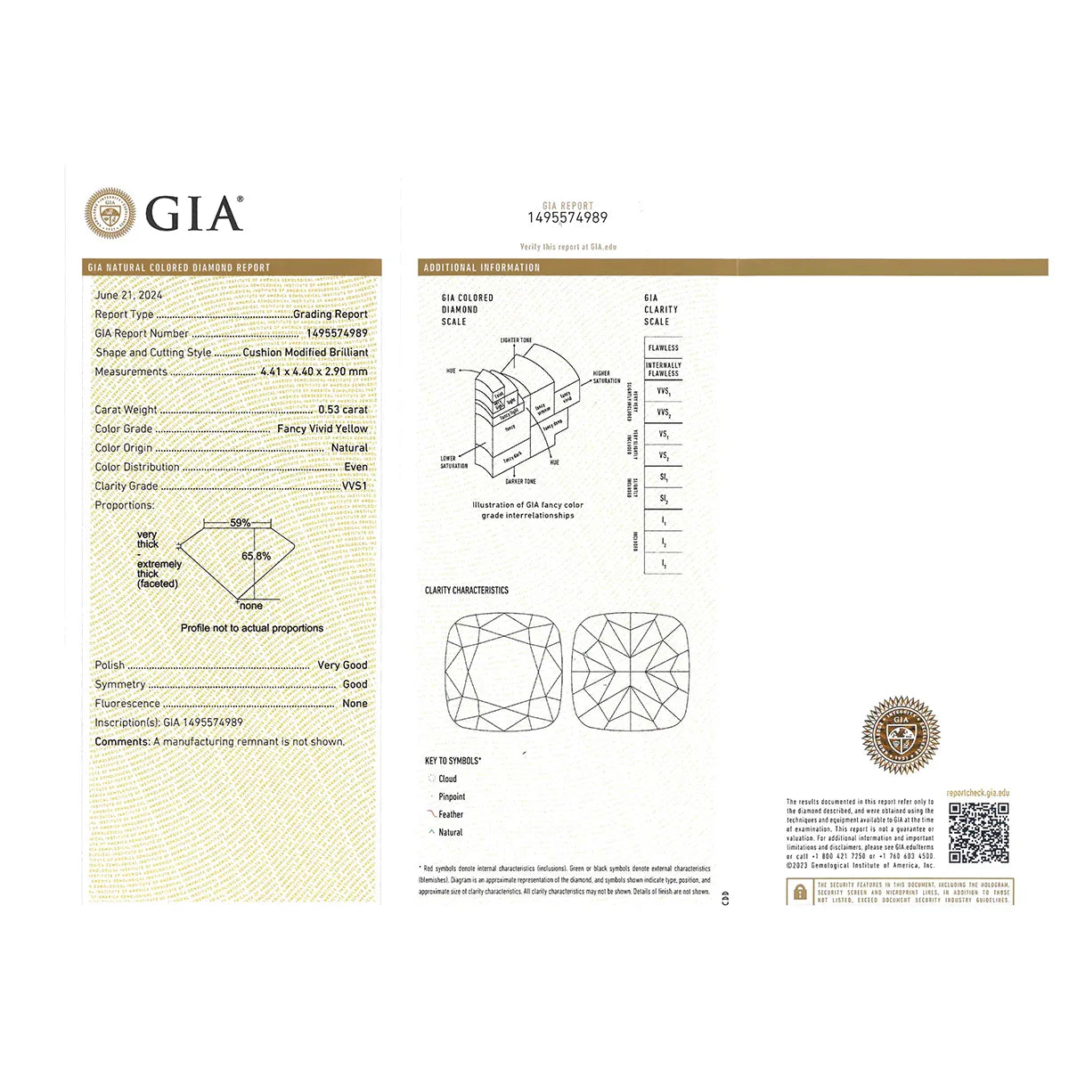 イエローダイヤモンド プラチナリング(F.V.Y/0.53ct/クッションカット/グレーディングレポート付)《WRGD4257》