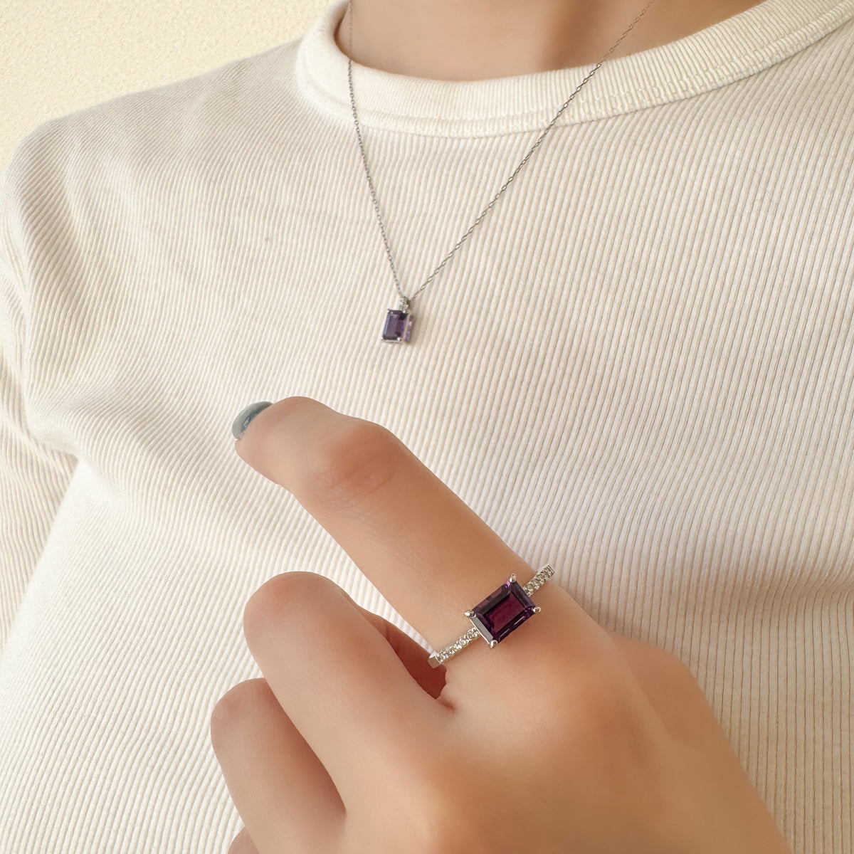 PT アメシスト/ダイヤモンド リング(エメラルドカット/2月誕生石)《WRGN4213》