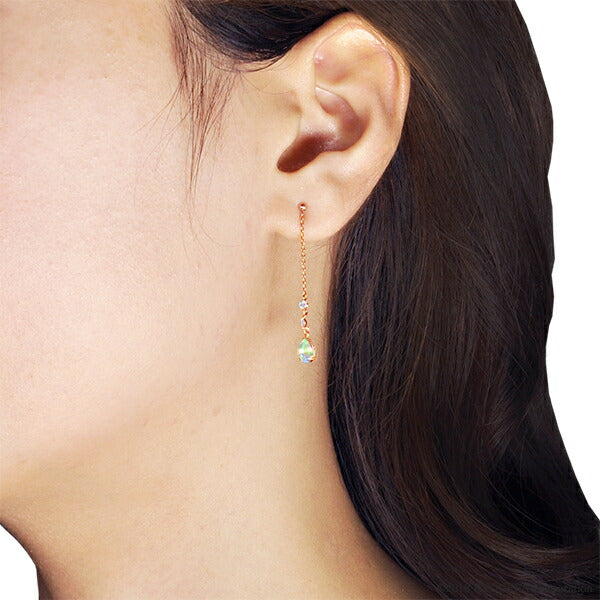 ウォーターオパール/ダイヤモンド K18ピアス(クレサンベール/ペアシェイプ/ロングチェーン/10月誕生石)《BEPW7631》