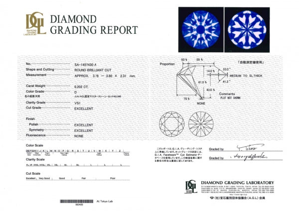 ダイヤモンド K18リング(0.2カラット/Dカラー/VS1/3EX(H&C)/一粒/4月誕生石/グレーディングレポート付き)