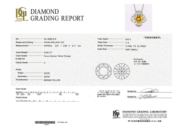 オレンジダイヤモンド/ダイヤモンド プラチナネックレス(0.2カラット/フラワーモチーフ/4月誕生石/グレーディングレポート付き)《JPDD1172》