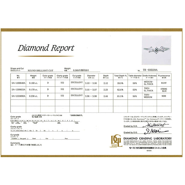 ダイヤモンド プラチナリング(計0.5カラット/Dカラー/SI2UP/EXCELLENT/4月誕生石)《JRGD1057》