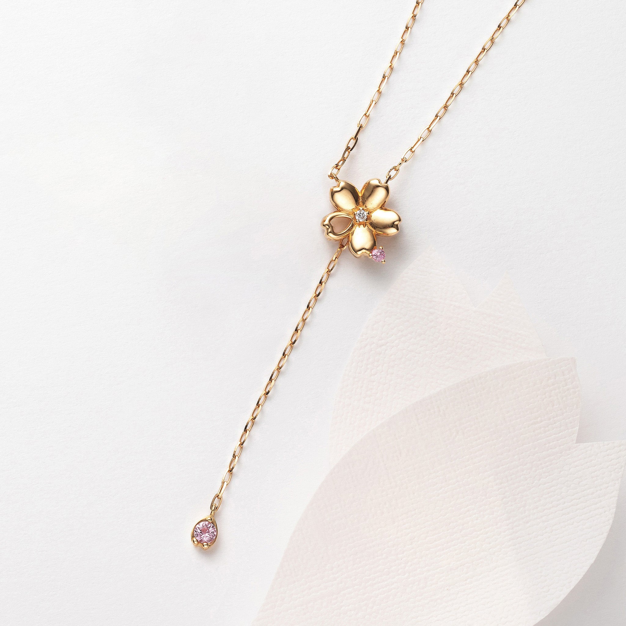 ダイヤモンド K18ネックレス(桜モチーフ/ロング/70cm/スライド式)《24A04104》