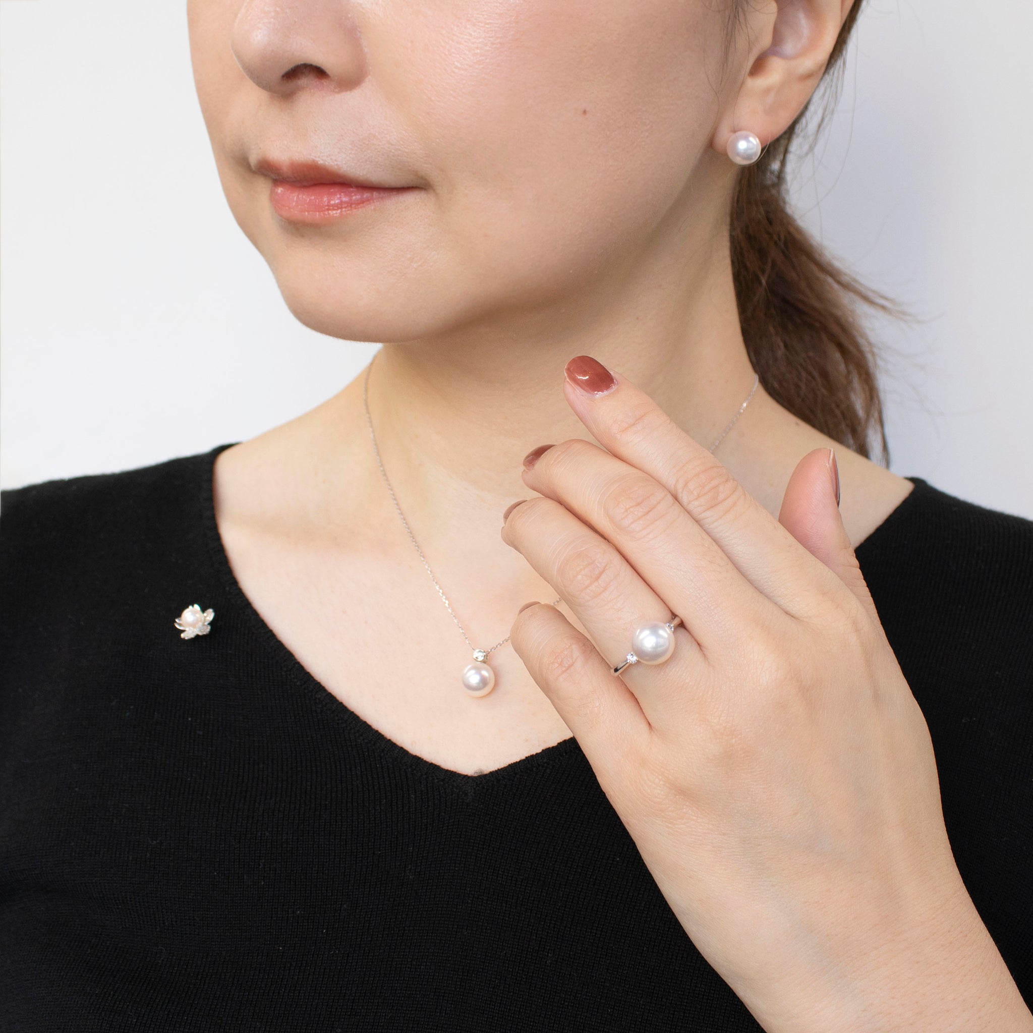 【限定数1】パール プラチナリング&ネックレス&ピアス(花珠/アコヤ真珠/8mm/3点セット/おまけブローチ付き/花珠鑑別鑑定書付き/6月誕生石)《24T10133》