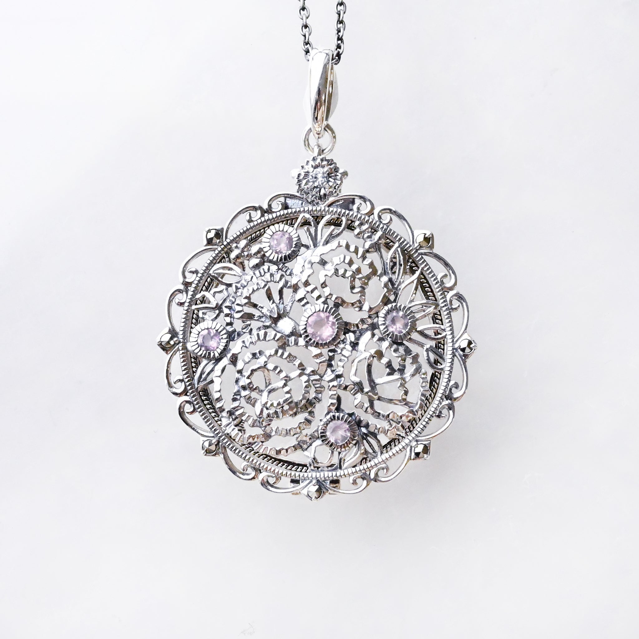 ローズクォーツ/ホワイトトパーズ シルバーネックレス(ルーペ付き/ロング/70cm)《25A04004》