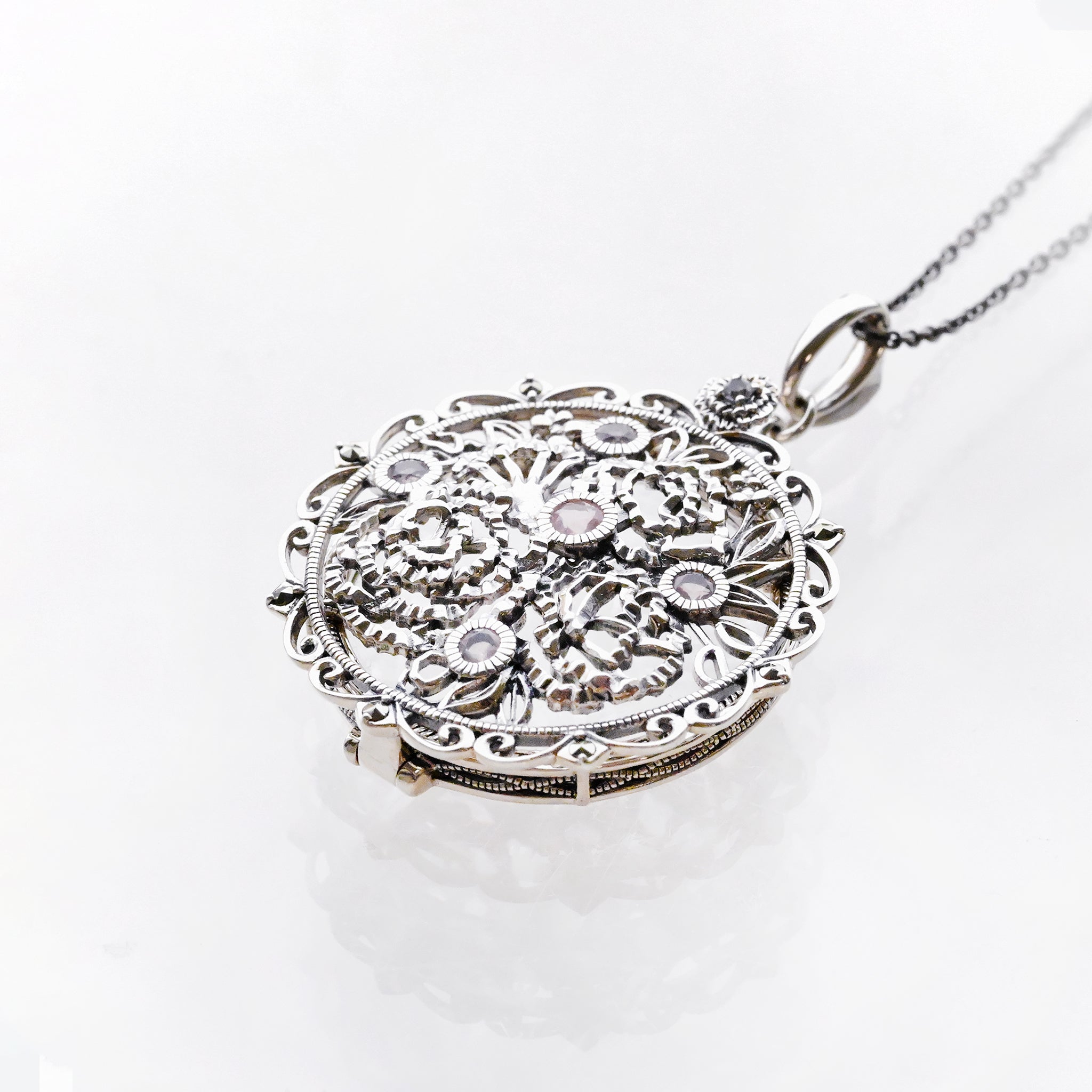 ローズクォーツ/ホワイトトパーズ シルバーネックレス(ルーペ付き/ロング/70cm)《25A04004》