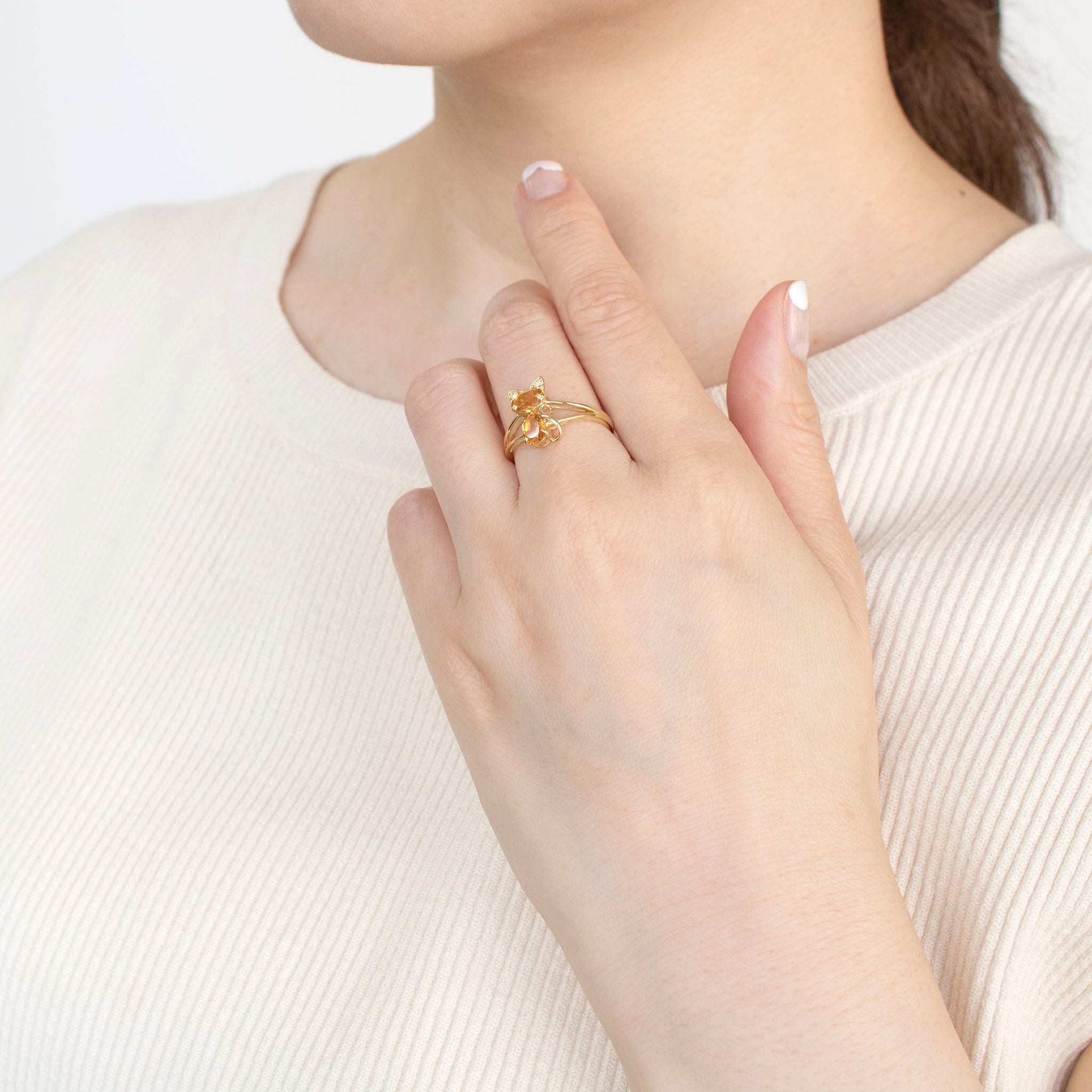 シトリン K18リング(ネコモチーフ/11月誕生石)《25C70110