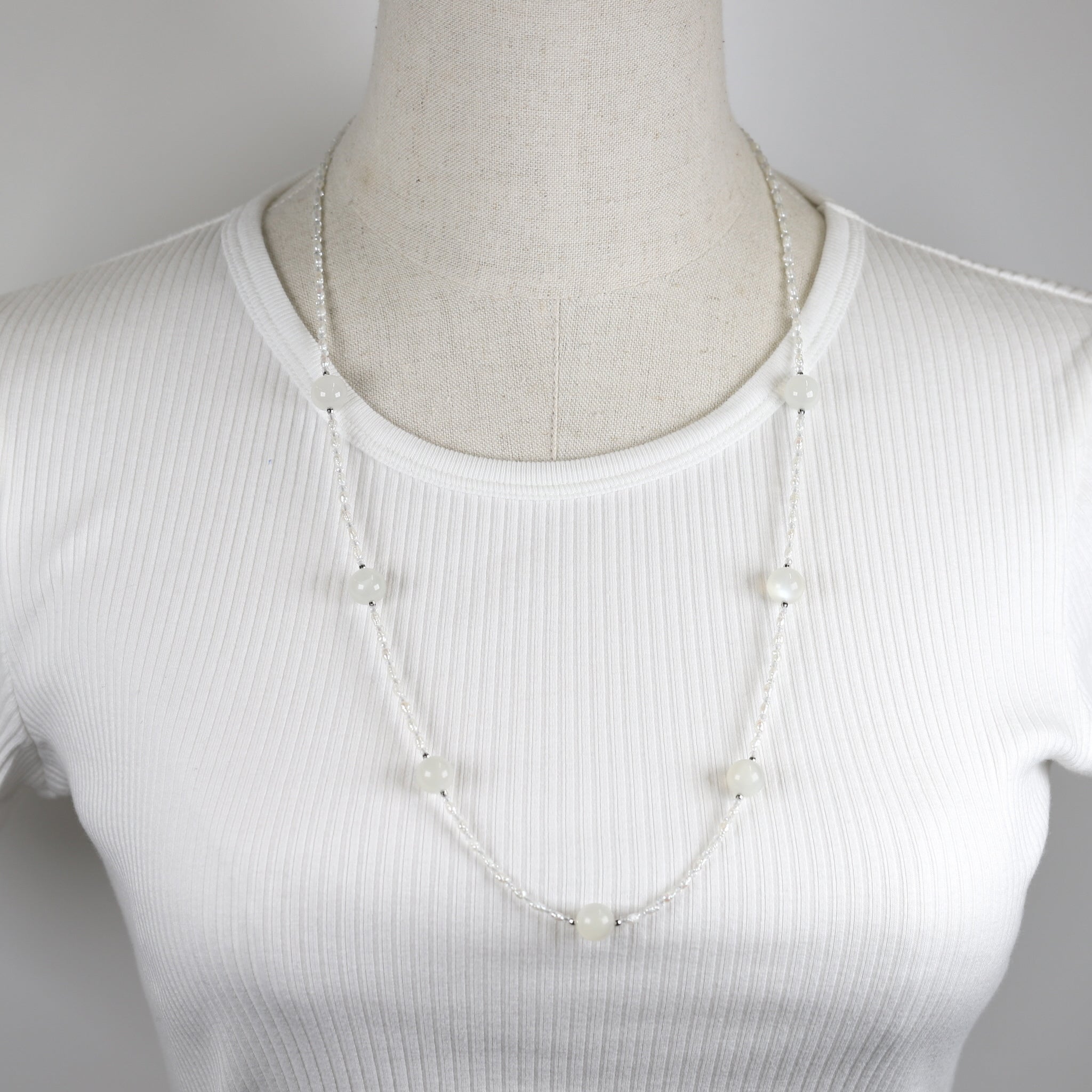 ムーンストーン/パール シルバーネックレス(淡水真珠/2～2.5mm/ロング/70cm)《25H00810》