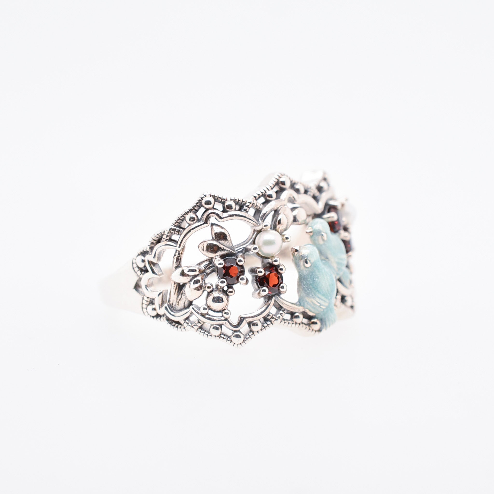 MURANO OPALINE FERRO ハイエナメル ハンドペイント 宝石箱 エナメル/ガーネット シルバーリング(青い鳥モチーフ)《25H01002