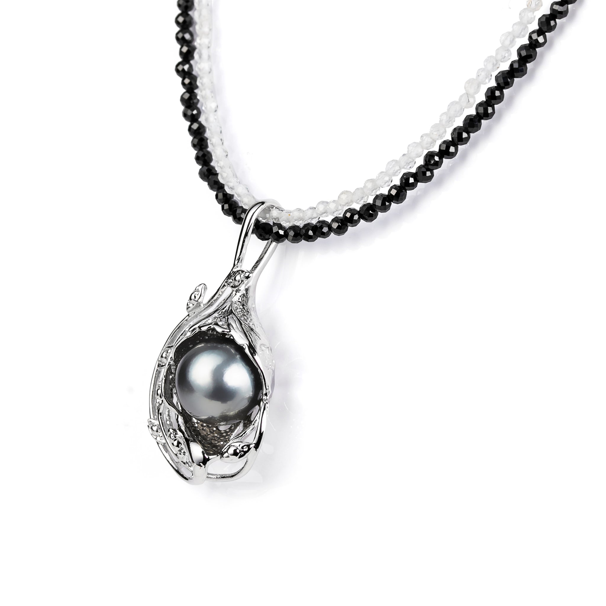 パール/スピネル シルバーネックレス(黒蝶真珠/9.5mm/2連/6月