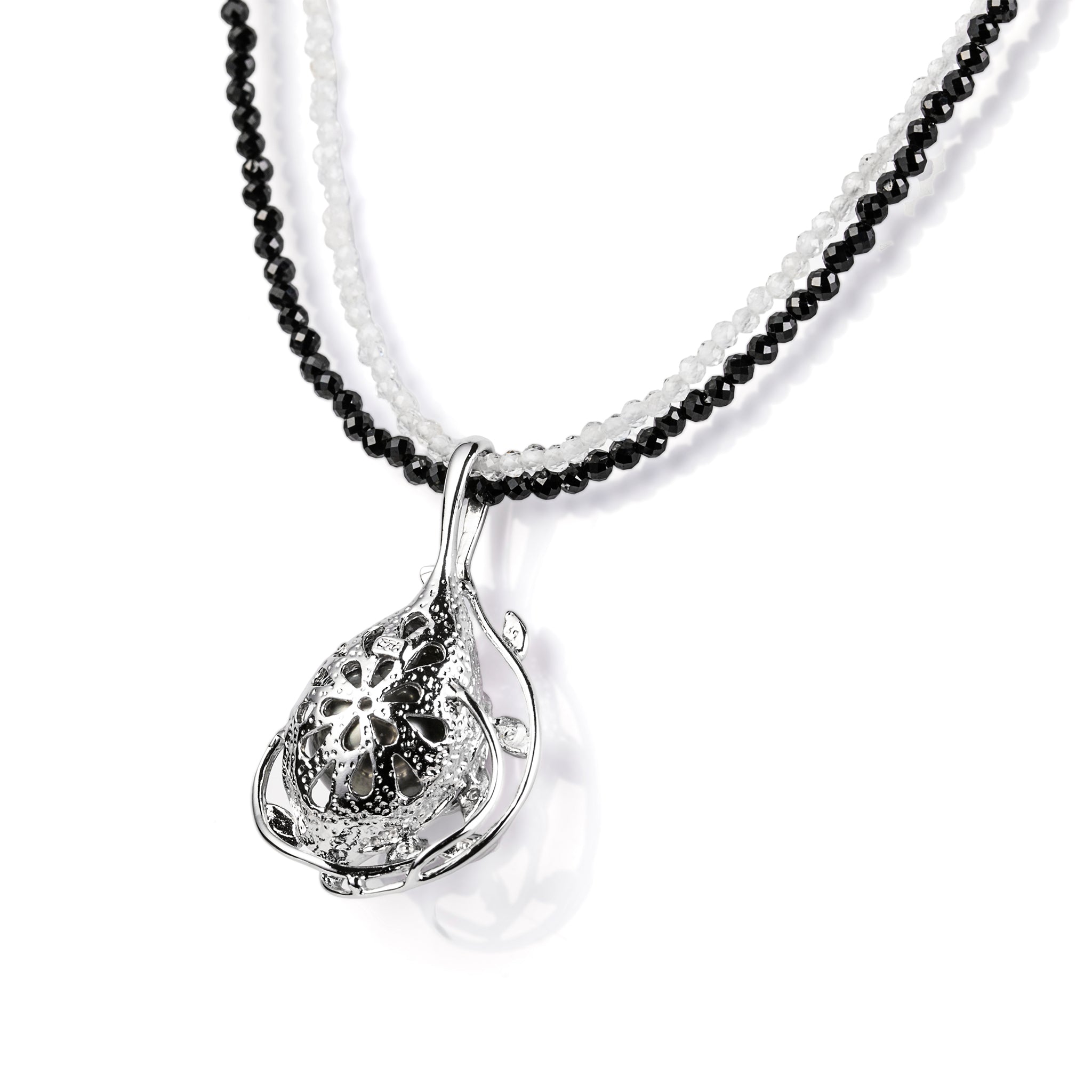パール/スピネル シルバーネックレス(黒蝶真珠/9.5mm/2連/6月