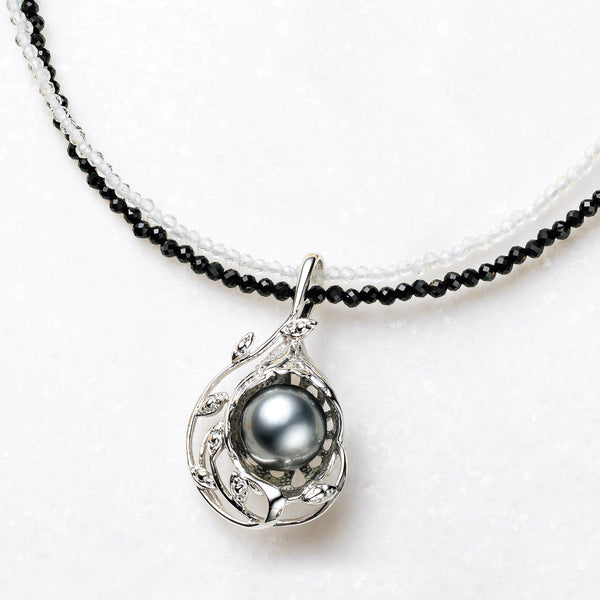 パール/スピネル シルバーネックレス(黒蝶真珠/9.5mm/2連/6月