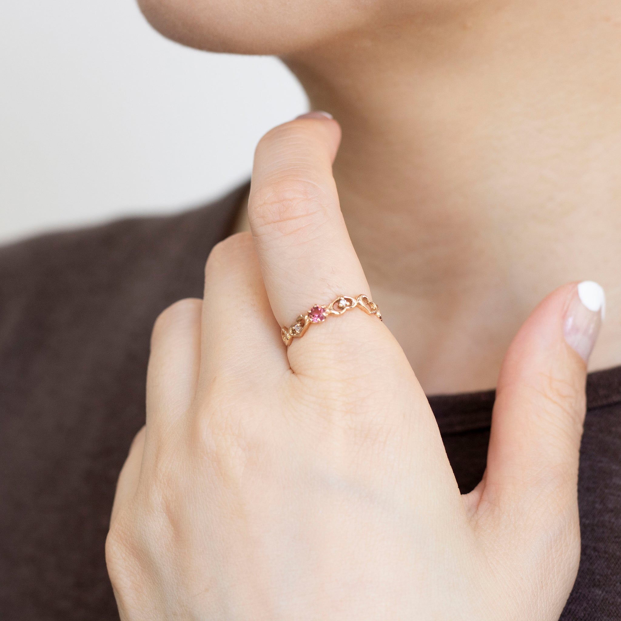 ピンクトルマリン/ダイヤモンド K18リング(ハートモチーフ/10月誕生石