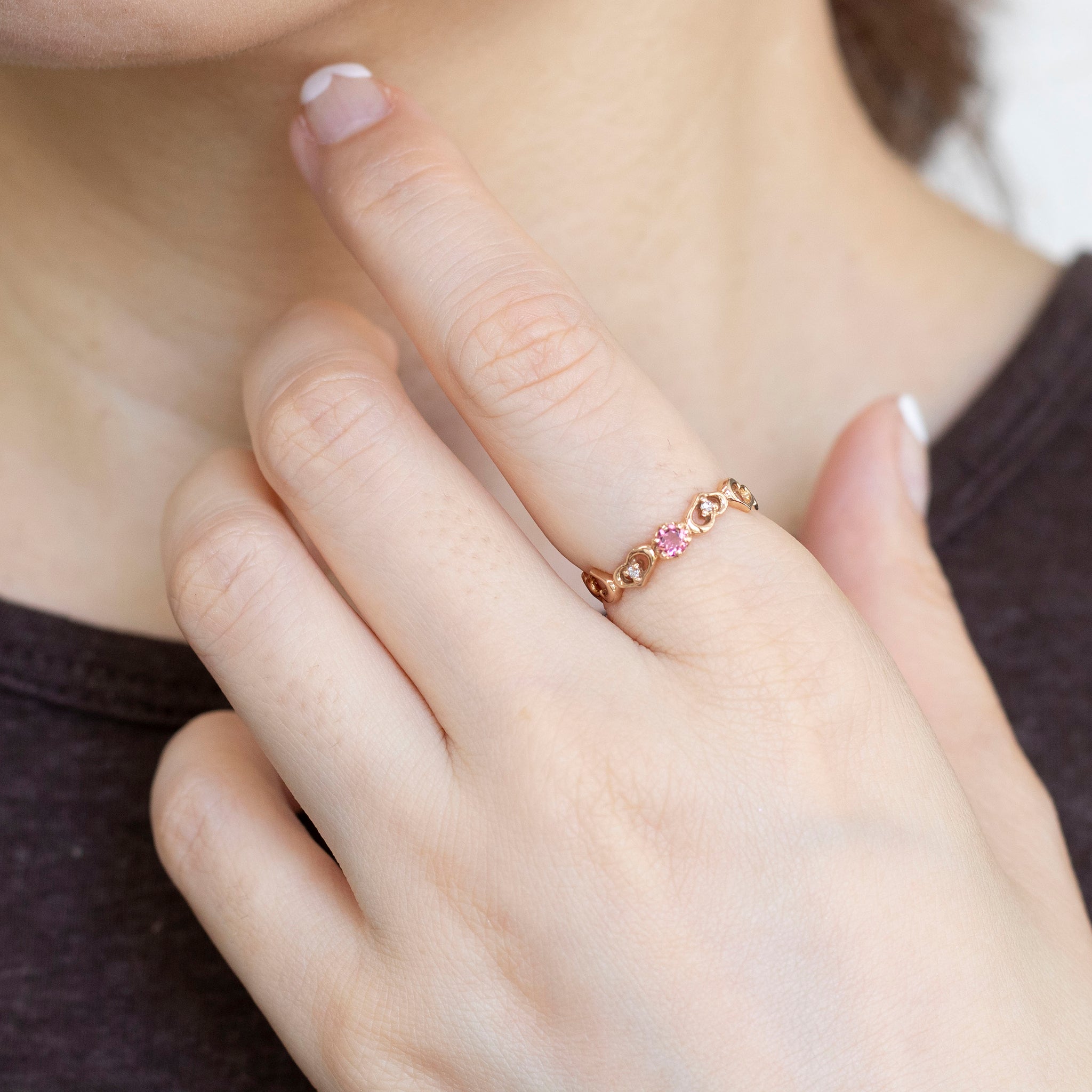 ピンクトルマリン/ダイヤモンド K18リング(ハートモチーフ/10月誕生石