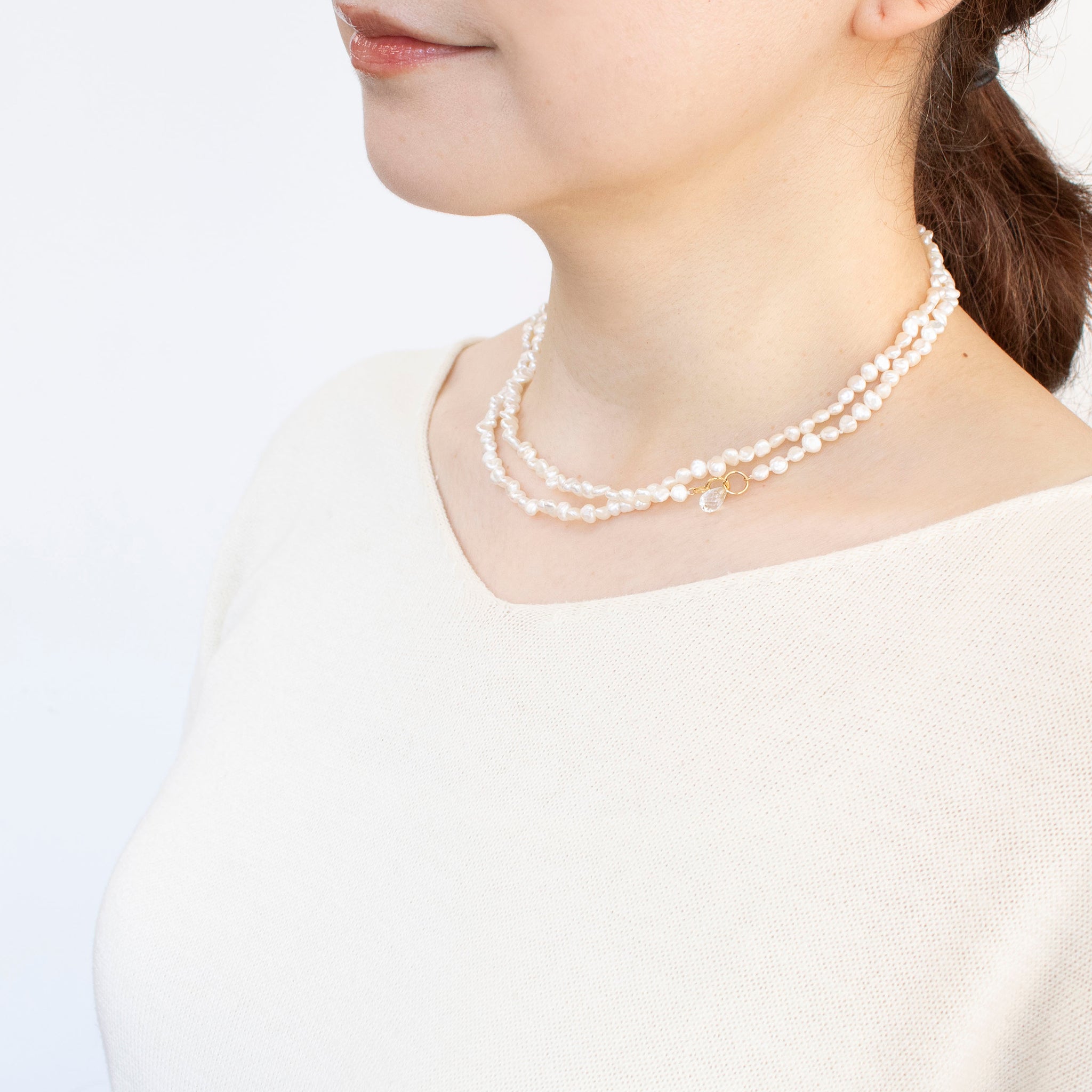 ホワイトトパーズ/パール K18ネックレス(淡水真珠/ロング/80cm)《25T10263》