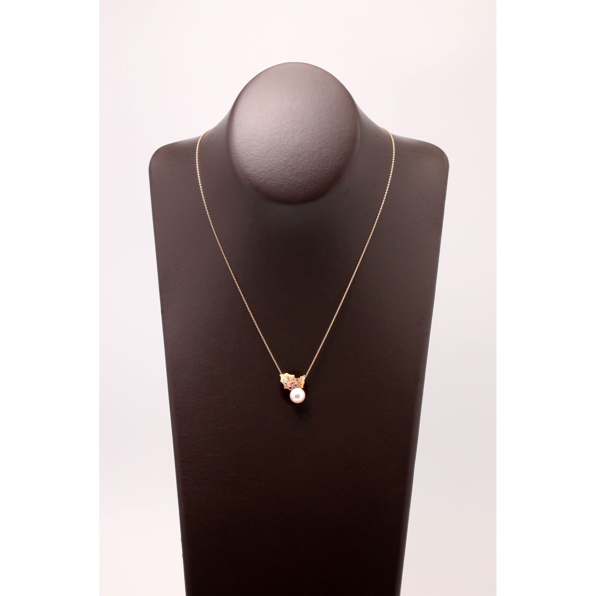 パール/ピンクサファイア K18ネックレス(アコヤ真珠/8mm/ヒイラギモチーフ/6月誕生石/鑑別書付)《25V00404》