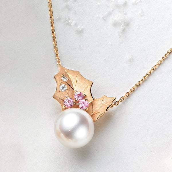 パール/ピンクサファイア K18ネックレス(アコヤ真珠/8mm/ヒイラギ