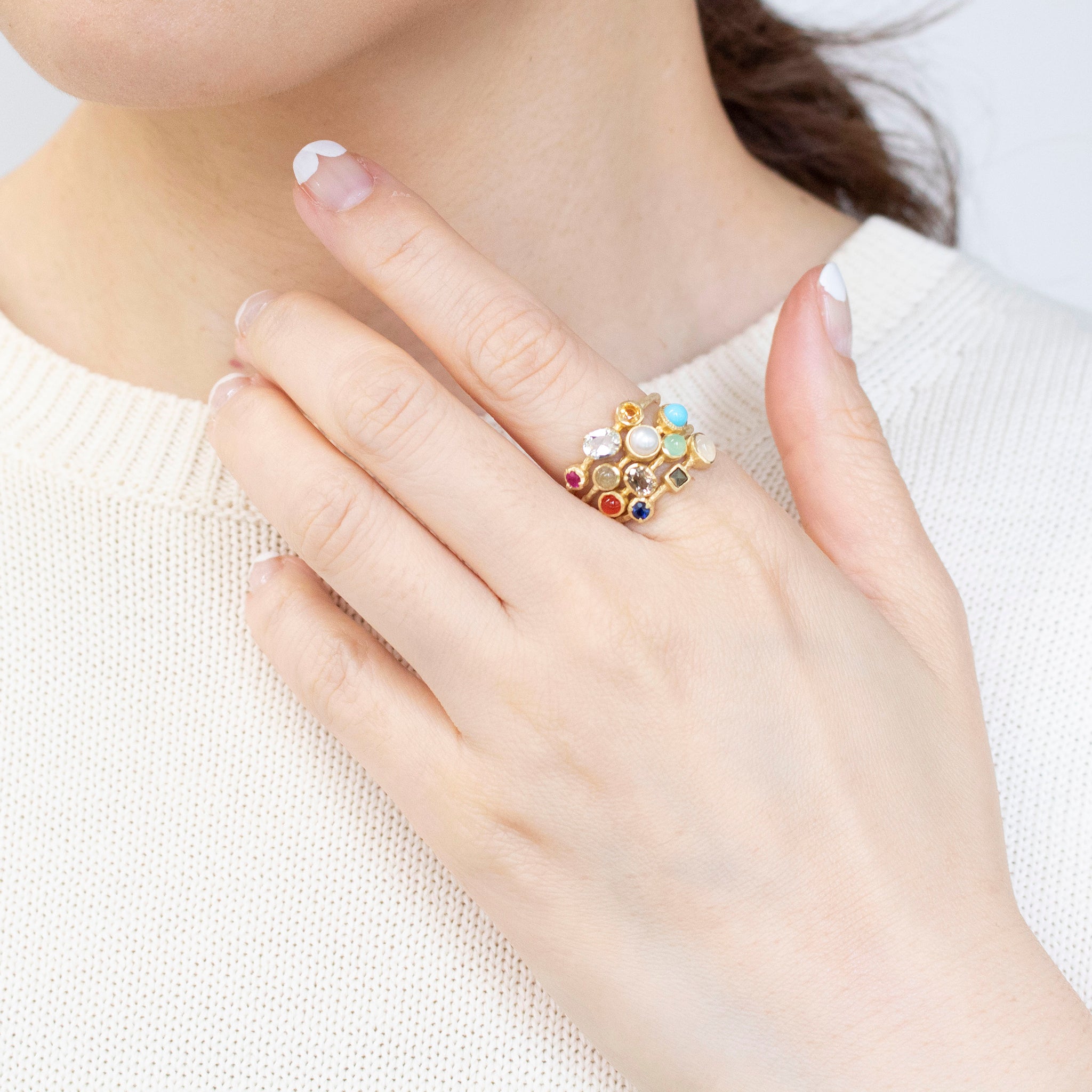 パール/マルチカラー シルバーリング(淡水真珠/4本セット)《25V02706》