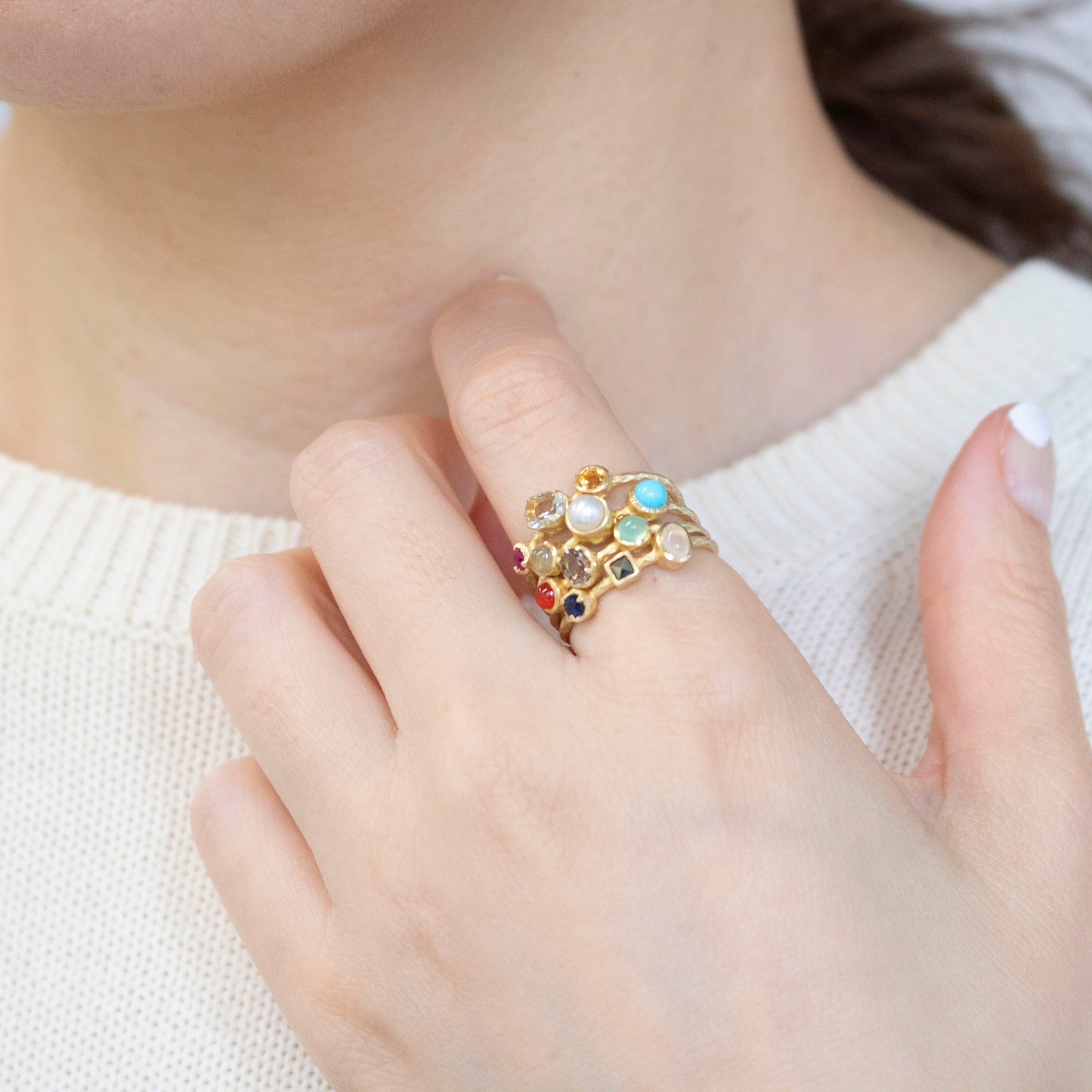 パール/マルチカラー シルバーリング(淡水真珠/4本セット)《25V02706》