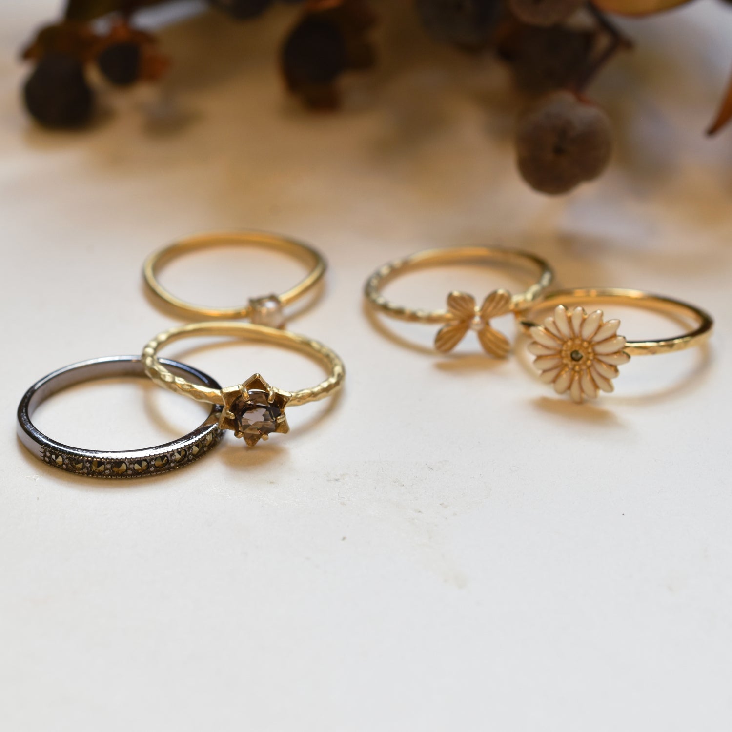 パール/スモーキークォーツ シルバーリング(淡水真珠/5本セット)《25V02708》