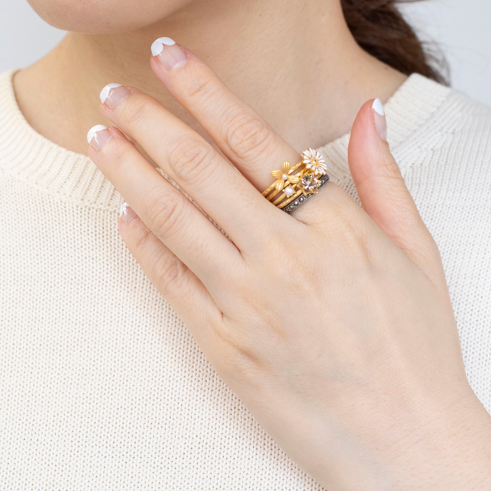 パール/スモーキークォーツ シルバーリング(淡水真珠/5本セット)《25V02708》