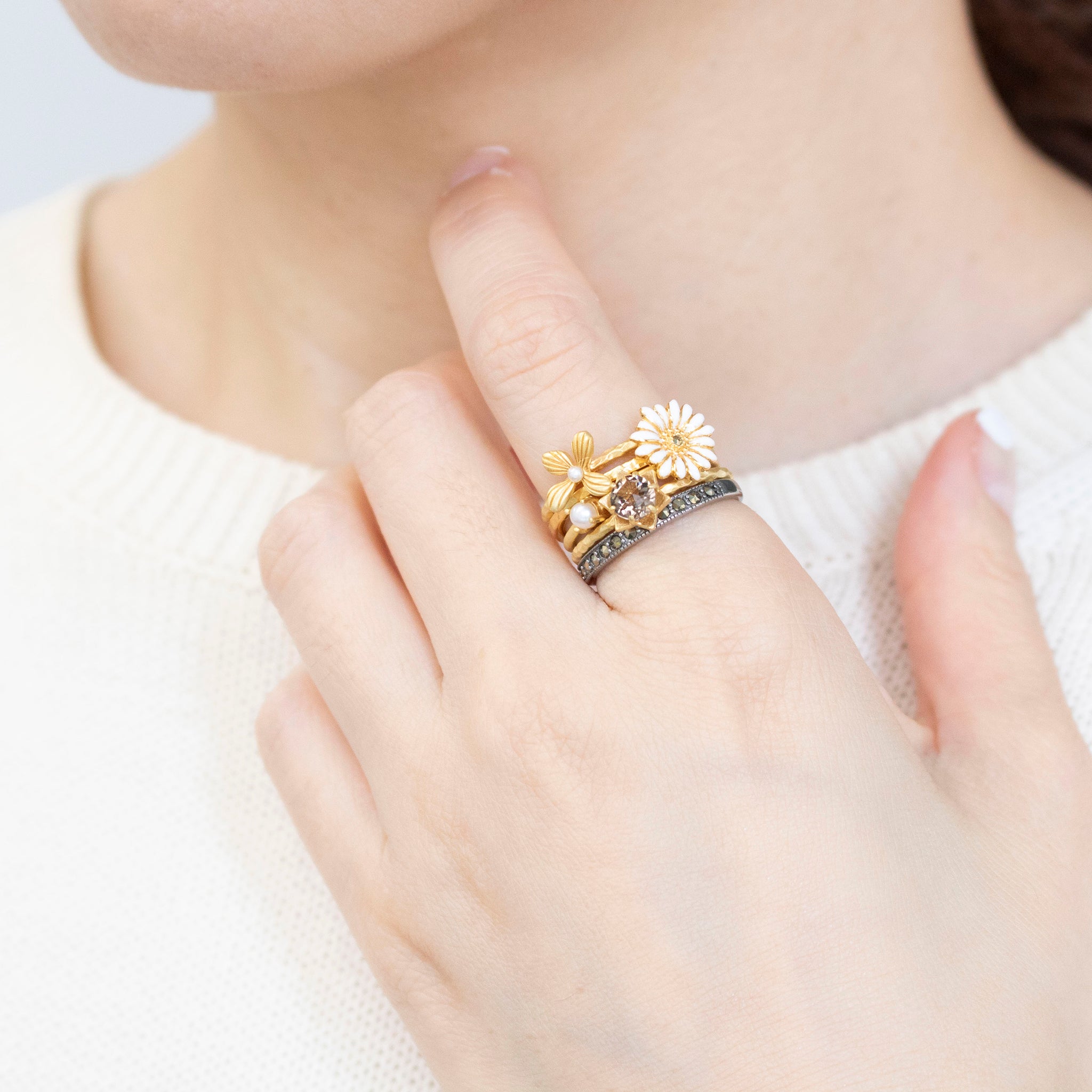 パール/スモーキークォーツ シルバーリング(淡水真珠/5本セット)《25V02708》