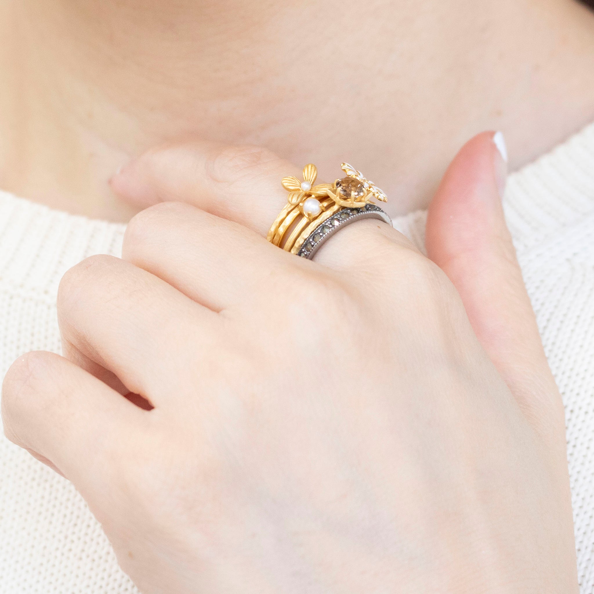 パール/スモーキークォーツ シルバーリング(淡水真珠/5本セット)《25V02708》