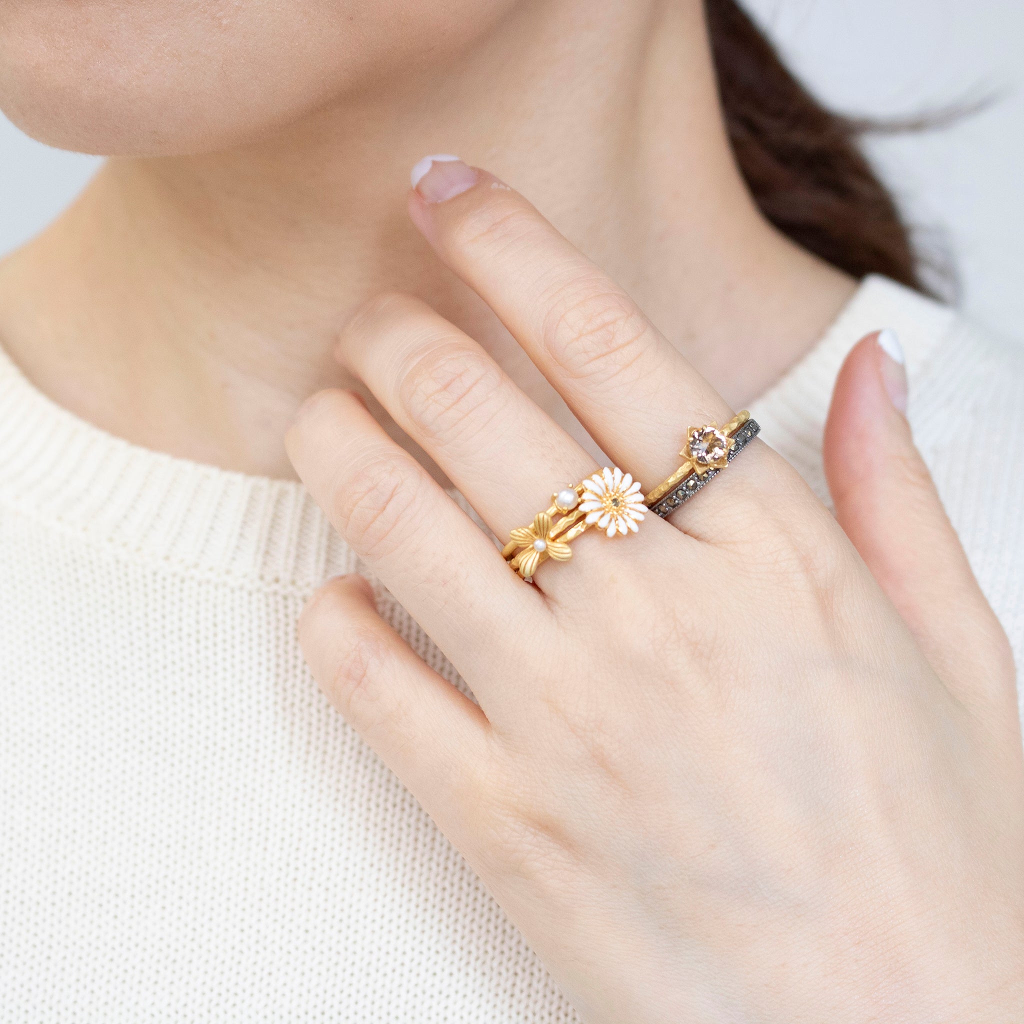 パール/スモーキークォーツ シルバーリング(淡水真珠/5本セット)《25V02708》