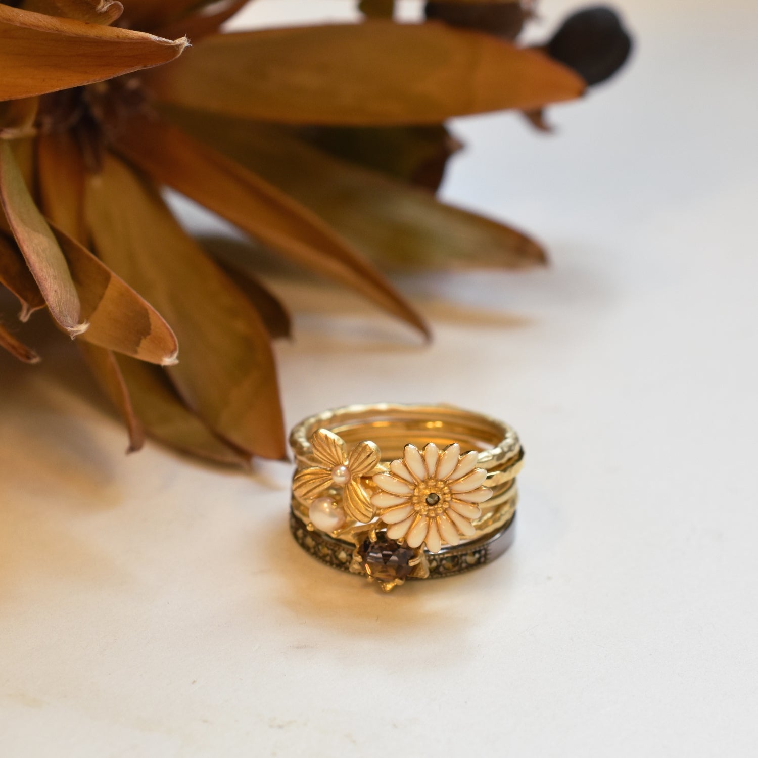 パール/スモーキークォーツ シルバーリング(淡水真珠/5本セット)《25V02708》