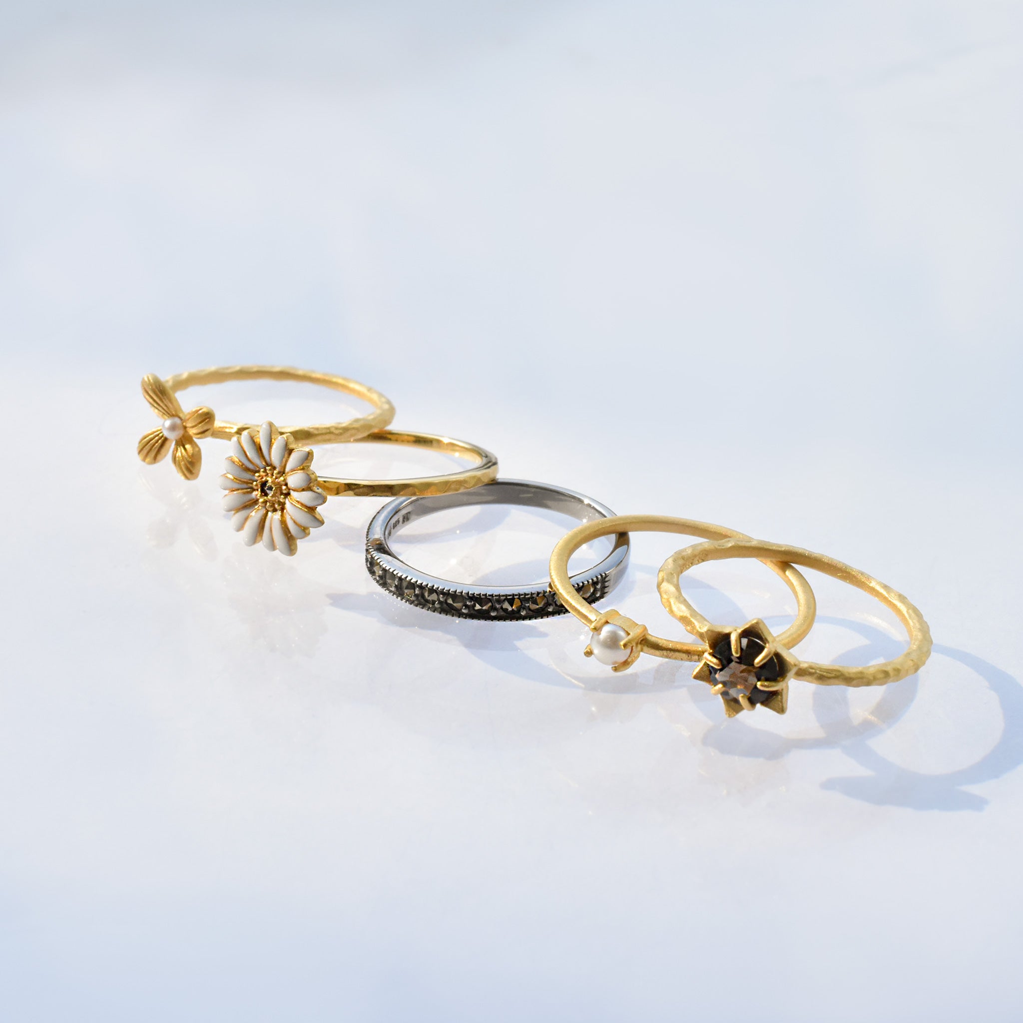 パール/スモーキークォーツ シルバーリング(淡水真珠/5本セット)《25V02708》