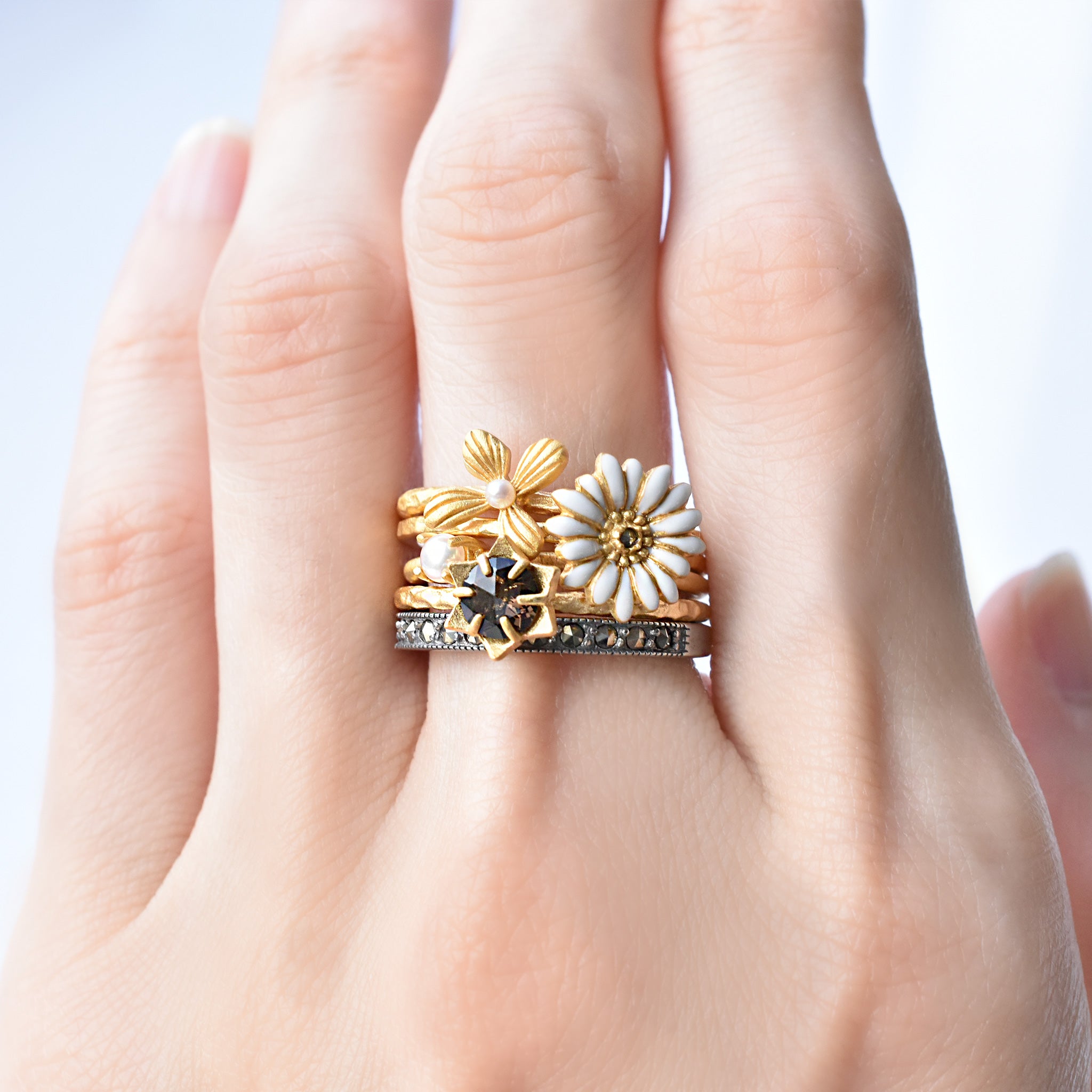 パール/スモーキークォーツ シルバーリング(淡水真珠/5本セット)《25V02708》