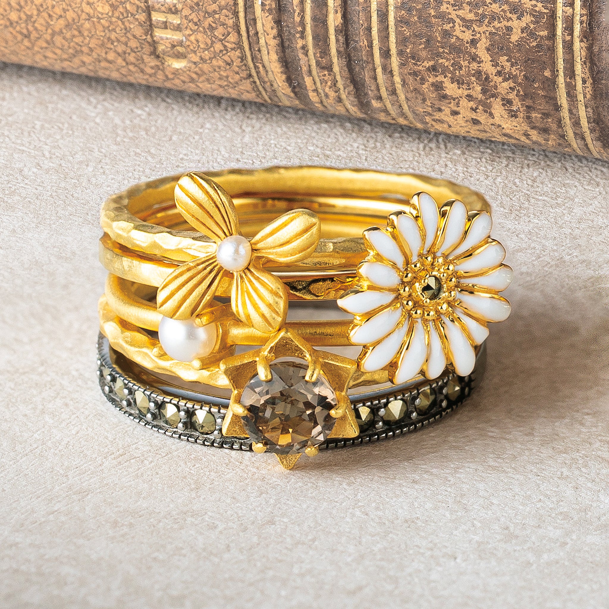 パール/スモーキークォーツ シルバーリング(淡水真珠/5本セット)《25V02708》