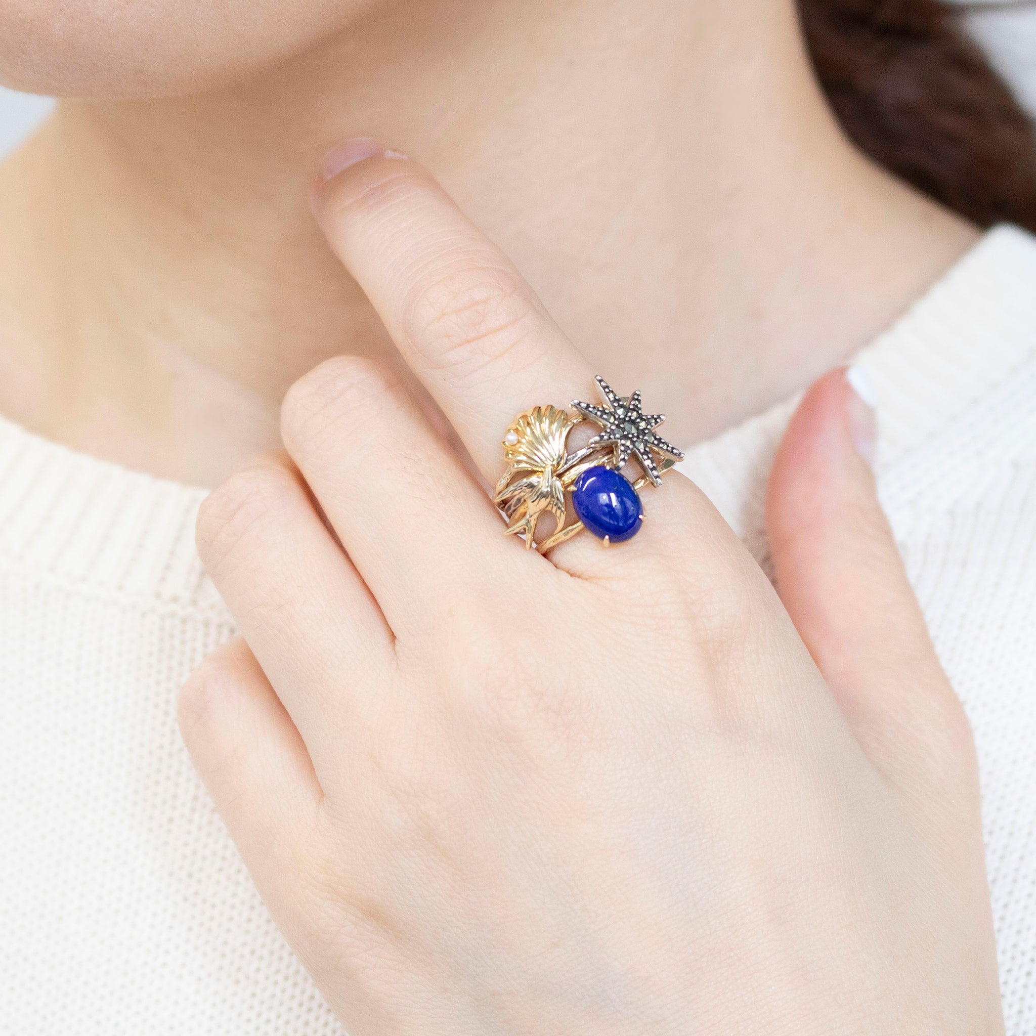 パール/ラピスラズリ シルバーリング(淡水真珠/4本セット)《25V02709》