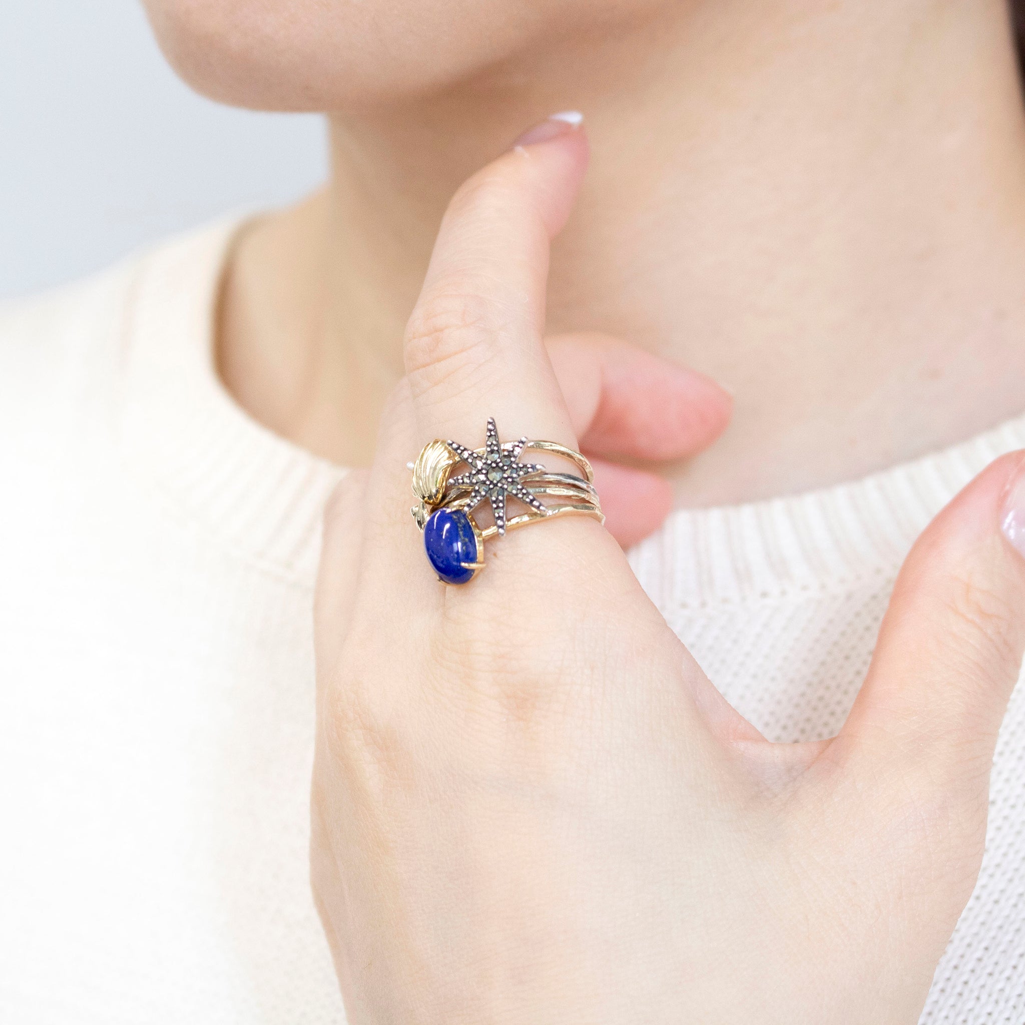 パール/ラピスラズリ シルバーリング(淡水真珠/4本セット)《25V02709》