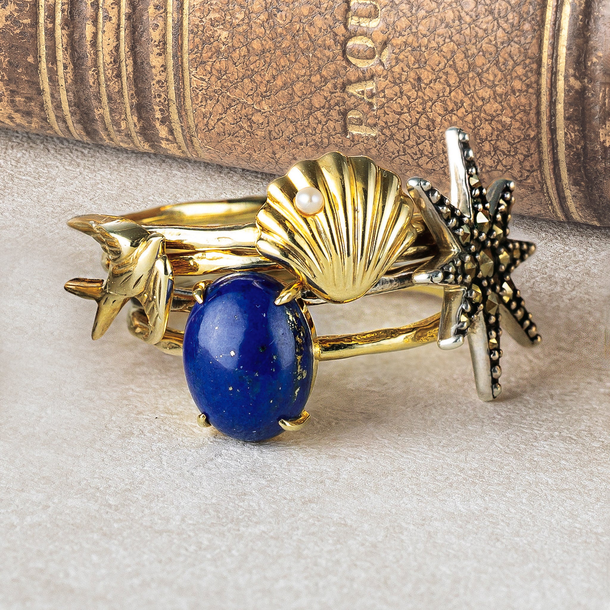 パール/ラピスラズリ シルバーリング(淡水真珠/4本セット)《25V02709》