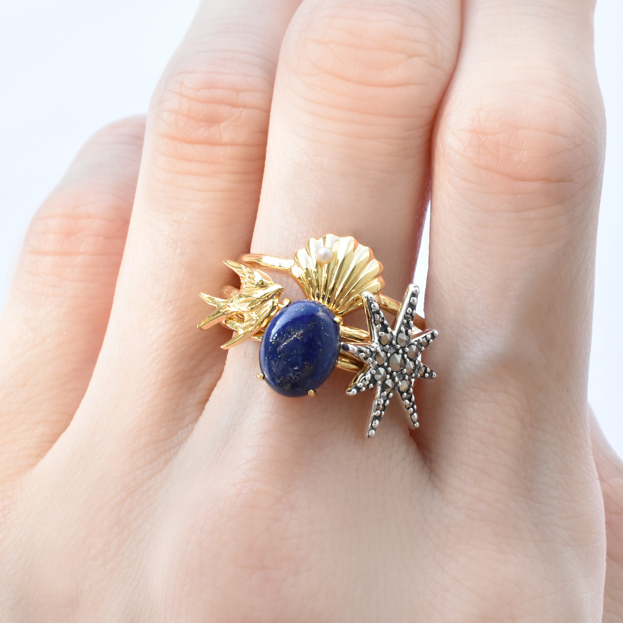 パール/ラピスラズリ シルバーリング(淡水真珠/4本セット)《25V02709》