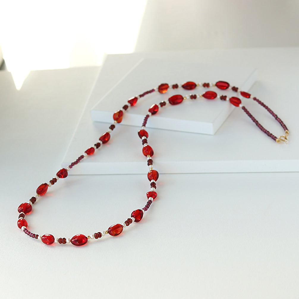 コハク/ガーネット シルバーネックレス(淡水真珠/ロング/70cm)《25V03309》