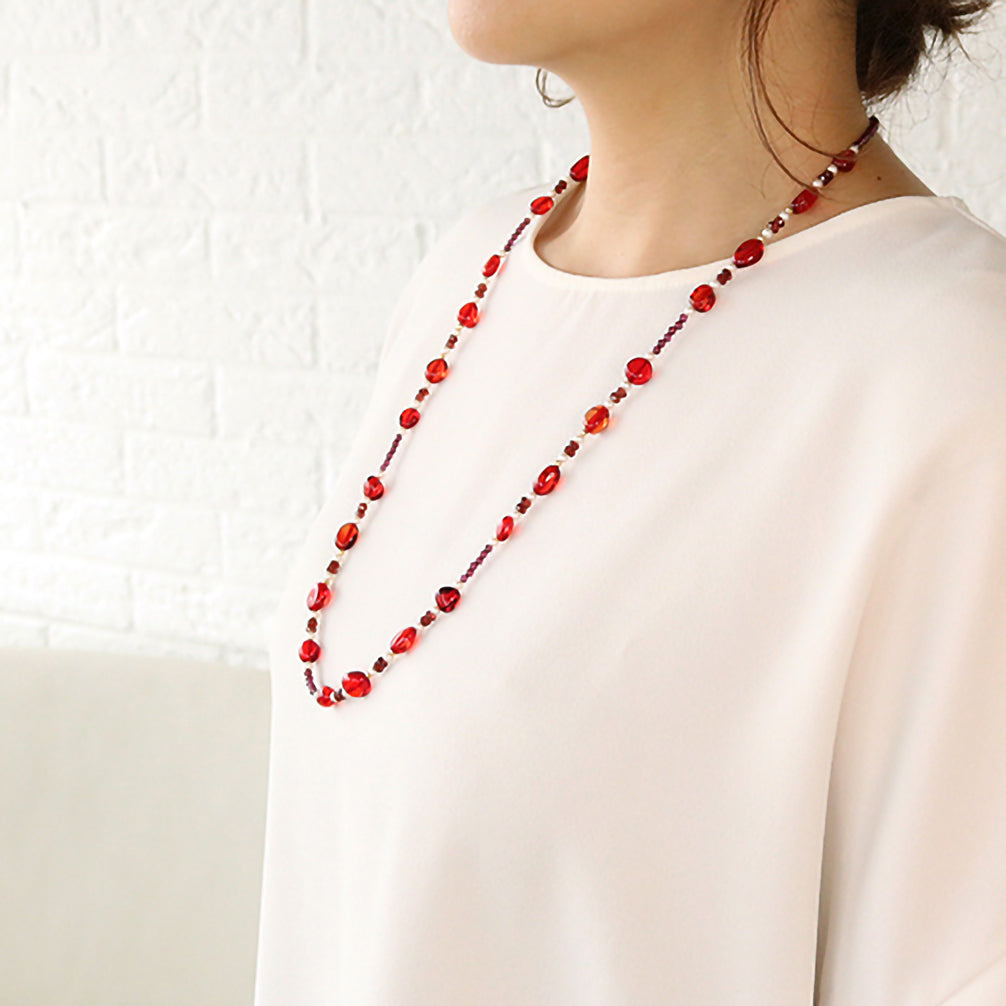 コハク/ガーネット シルバーネックレス(淡水真珠/ロング/70cm)《25V03309》