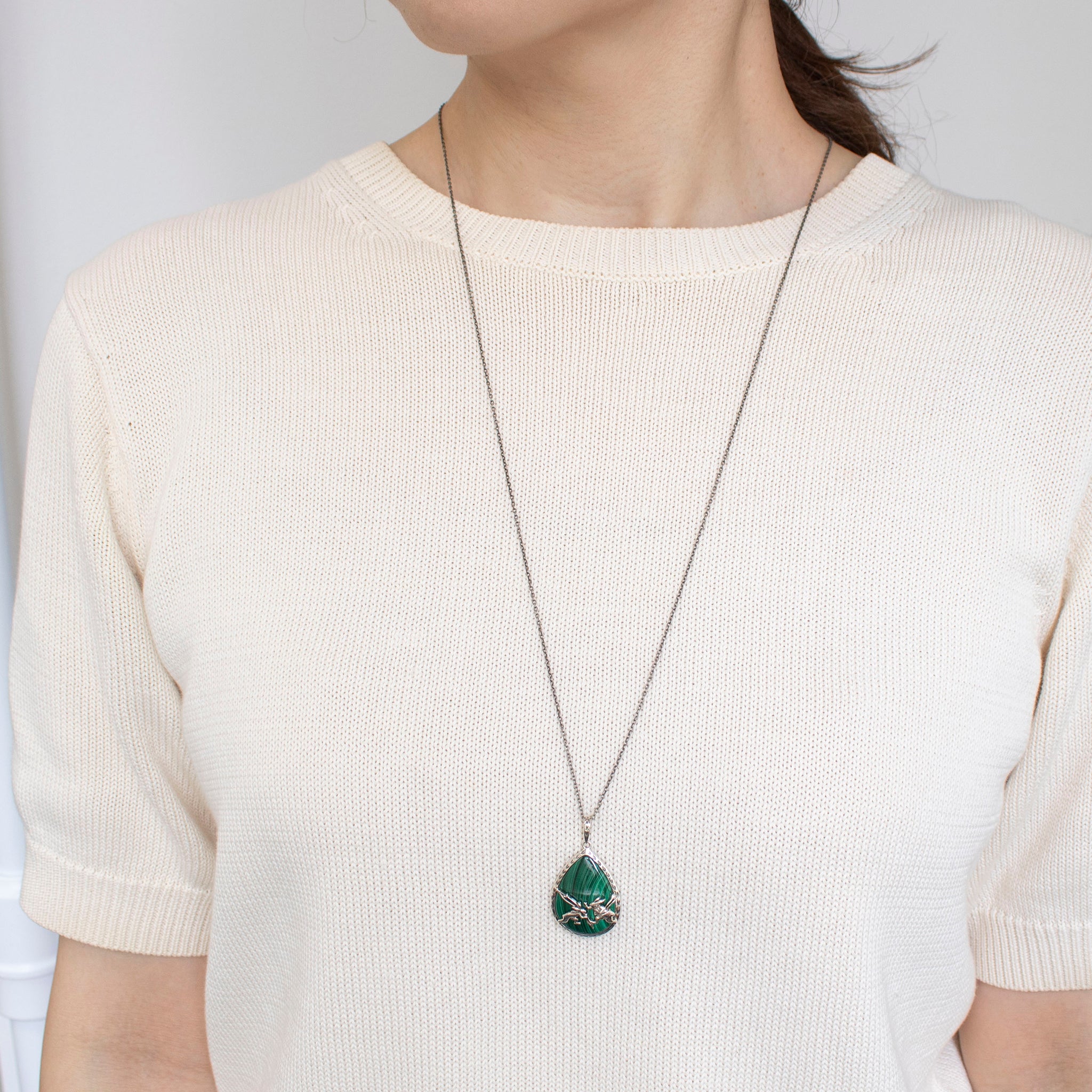 マラカイト シルバーネックレス(鳥獣戯画/ロング/70cm)《25V04803》