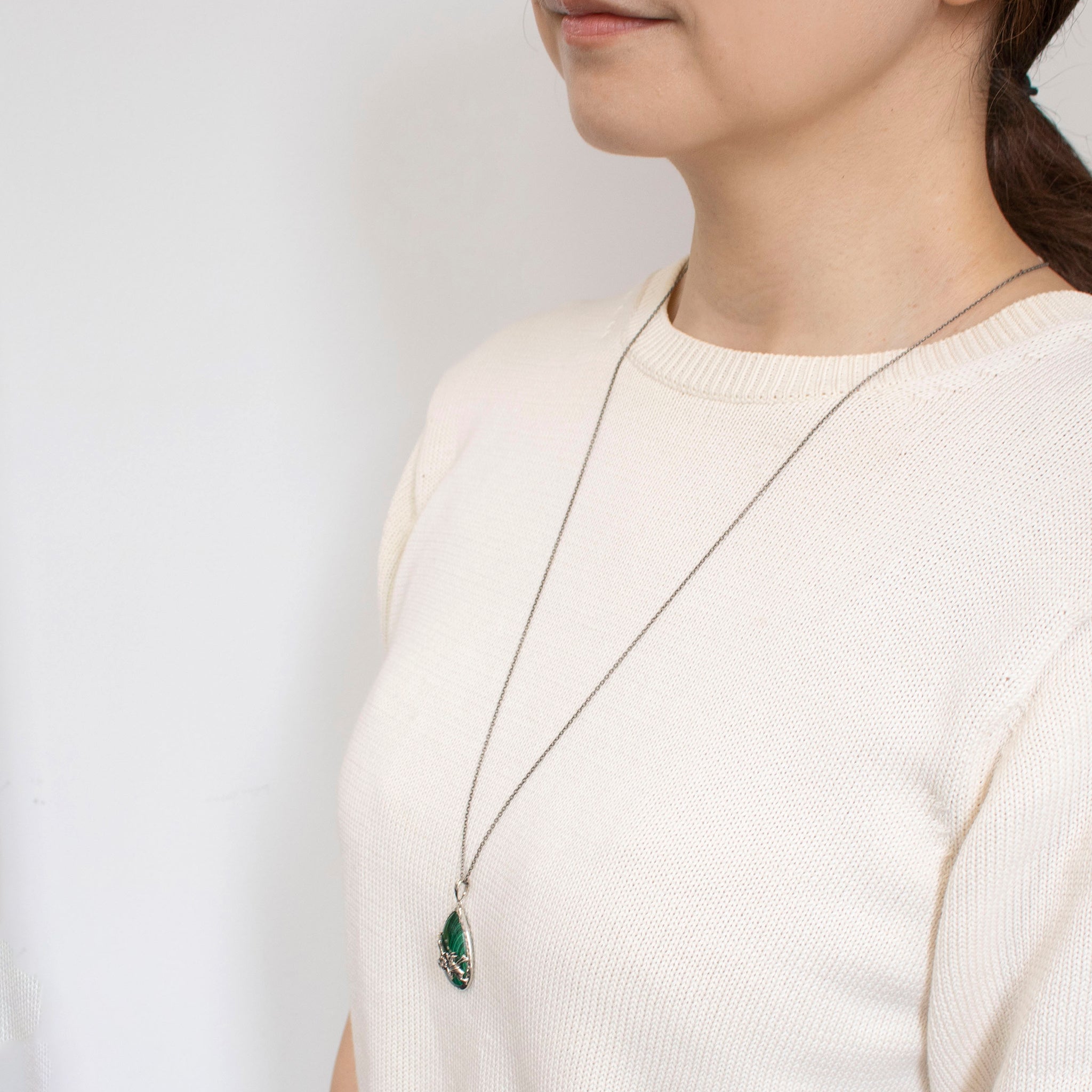 マラカイト シルバーネックレス(鳥獣戯画/ロング/70cm)《25V04803》