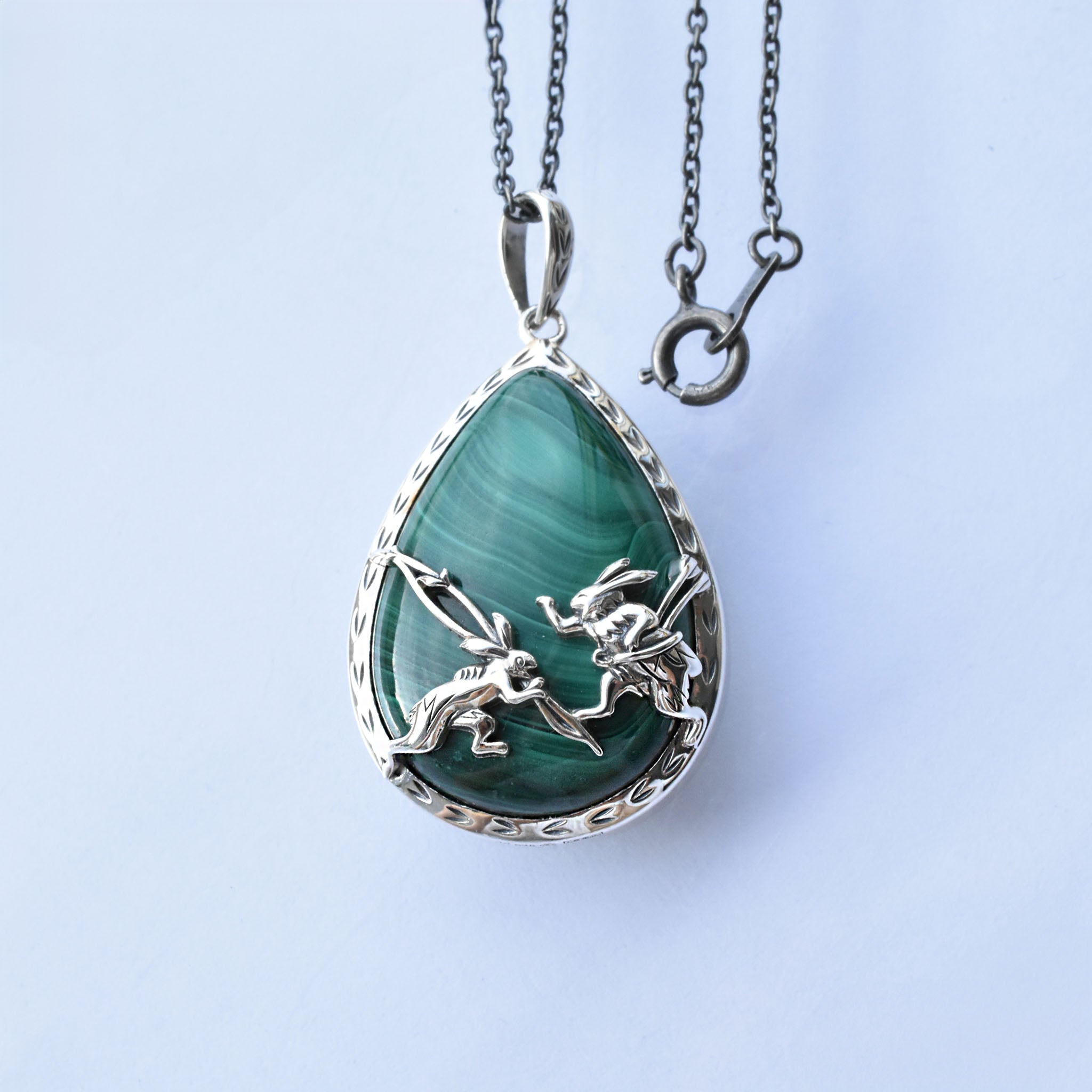 マラカイト シルバーネックレス(鳥獣戯画/ロング/70cm)《25V04803》