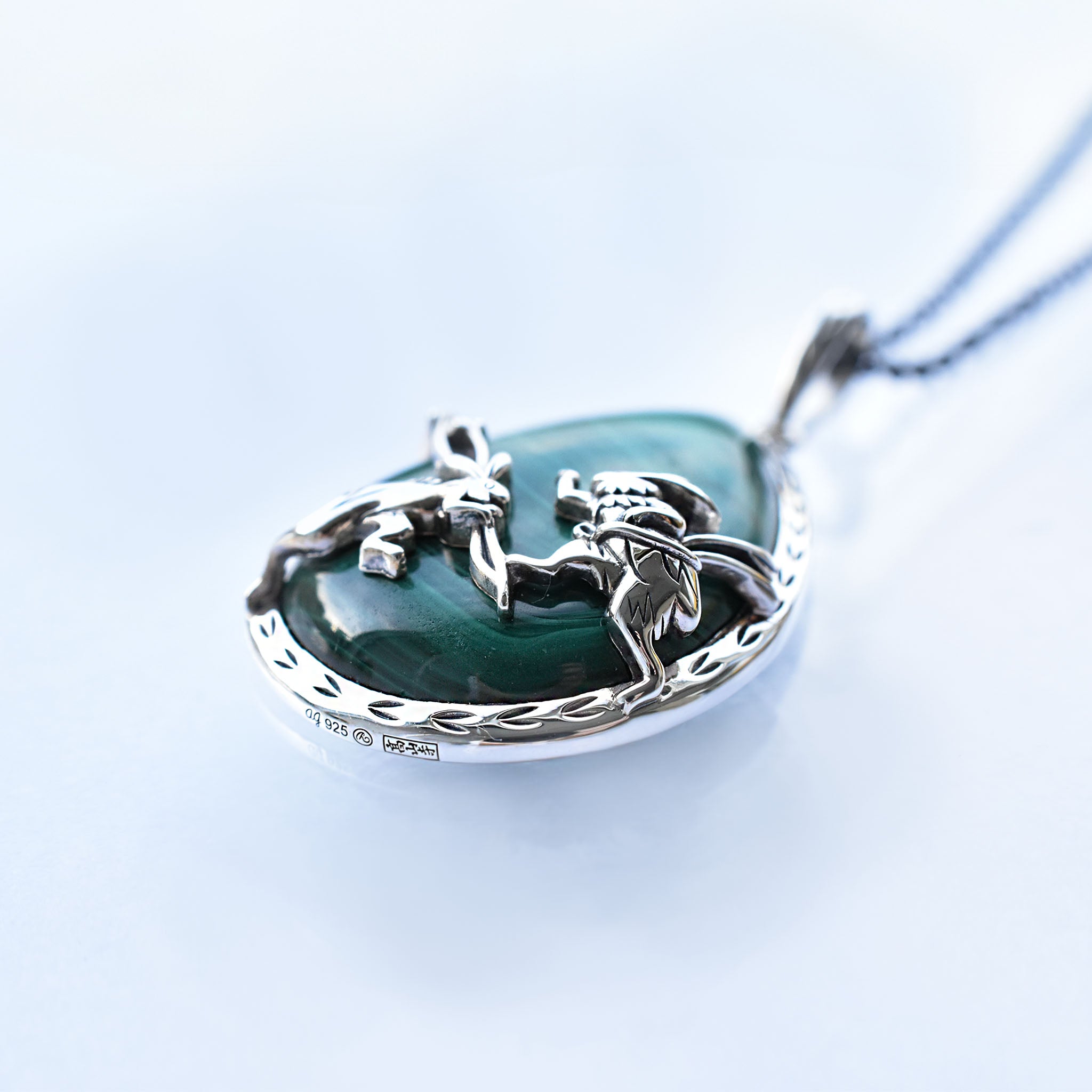 マラカイト シルバーネックレス(鳥獣戯画/ロング/70cm)《25V04803》