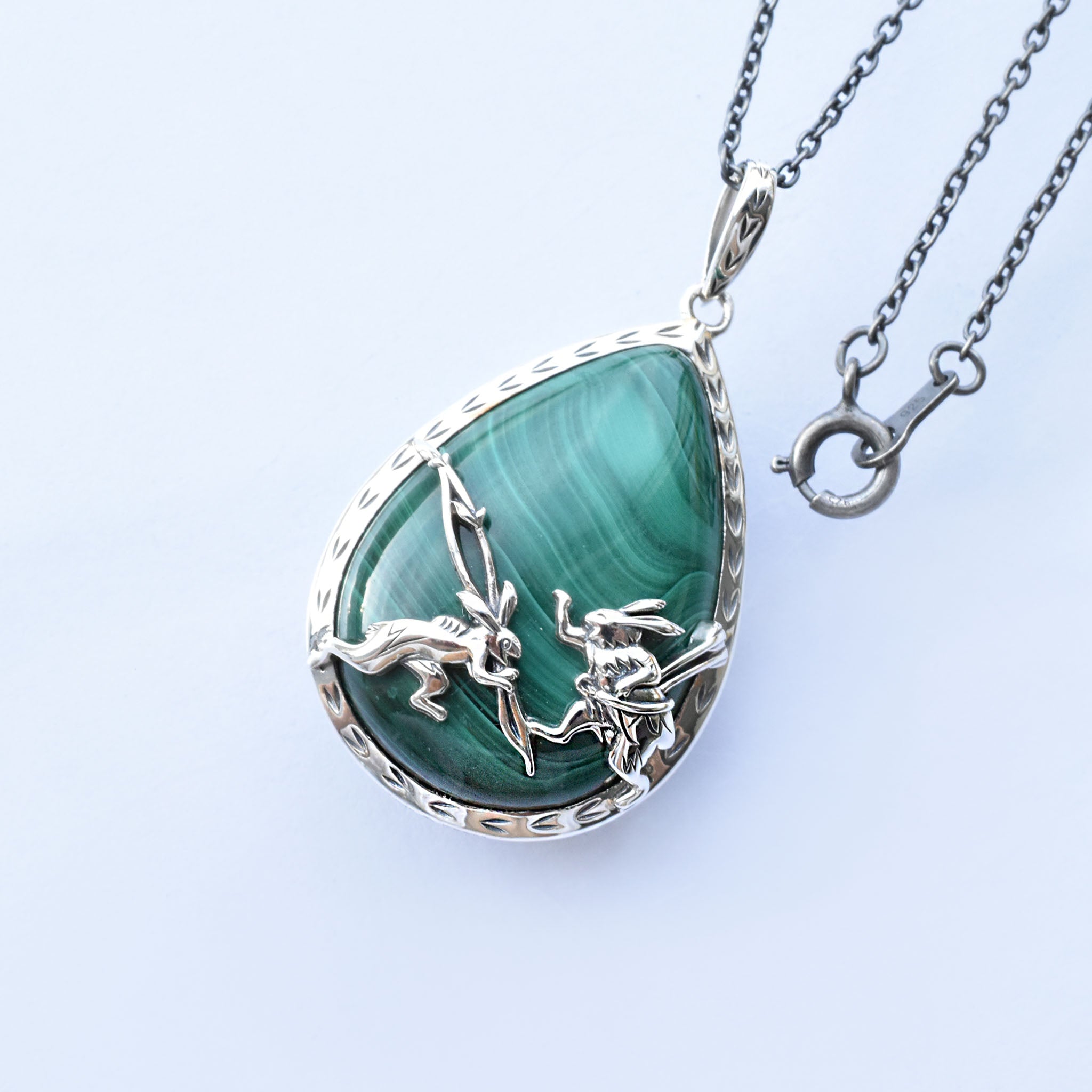 マラカイト シルバーネックレス(鳥獣戯画/ロング/70cm)《25V04803》