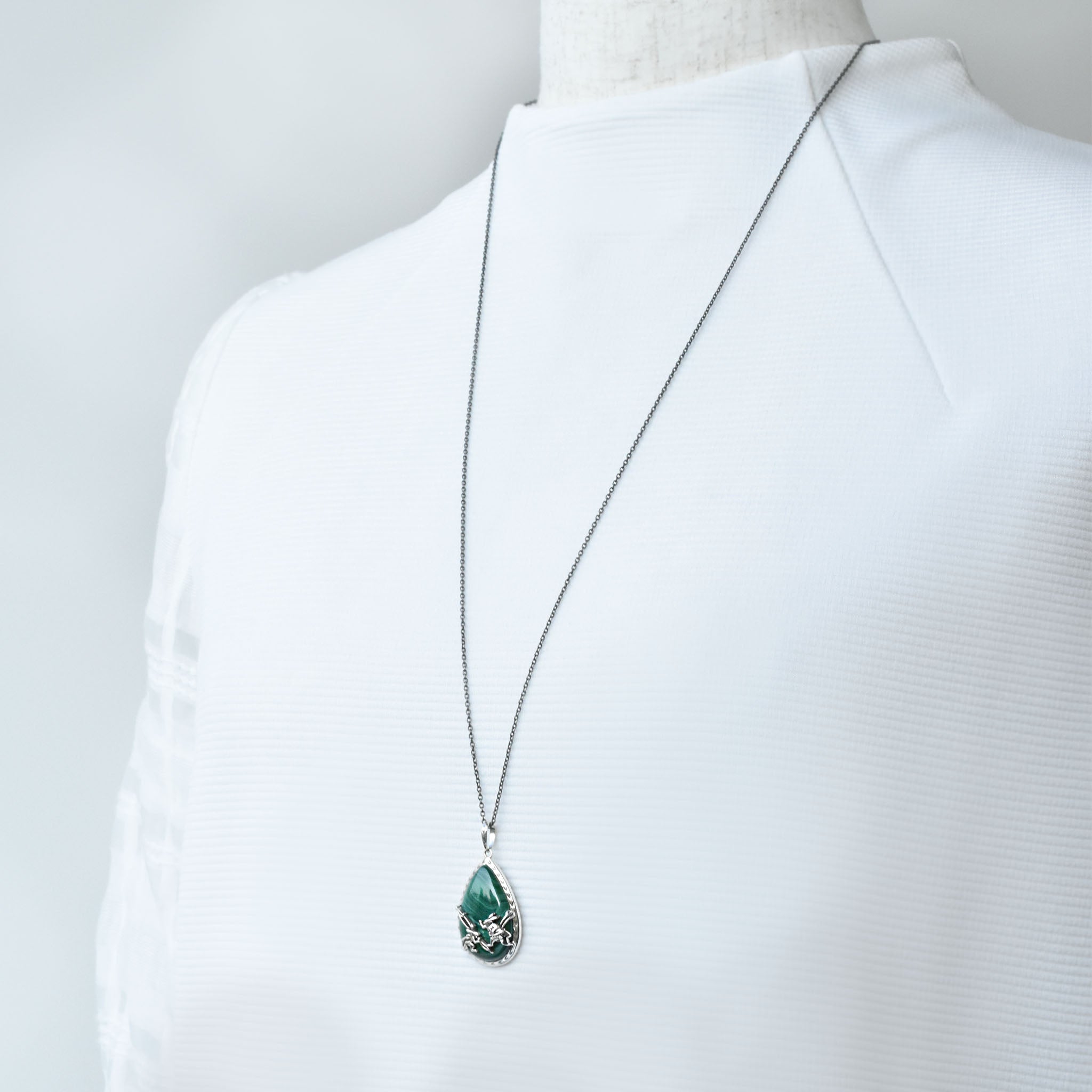 マラカイト シルバーネックレス(鳥獣戯画/ロング/70cm)《25V04803》