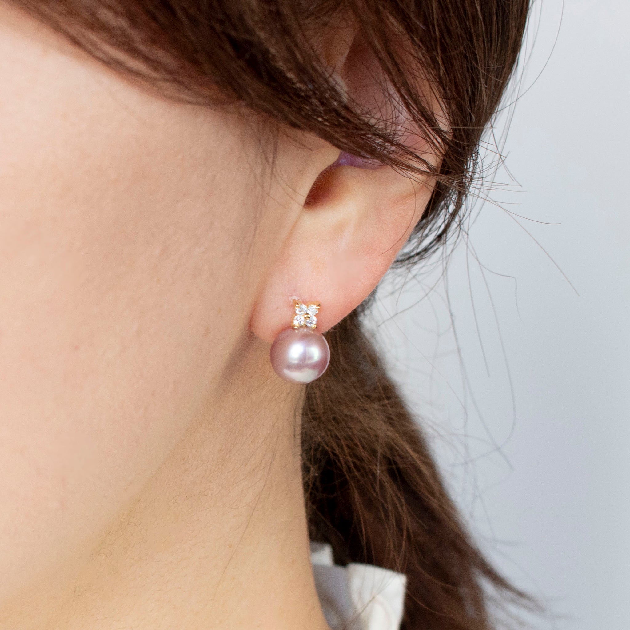 パールダイヤモンド K18ピアス(淡水真珠/8mm/ピンクパープル系/6月誕生石)《26A00202》