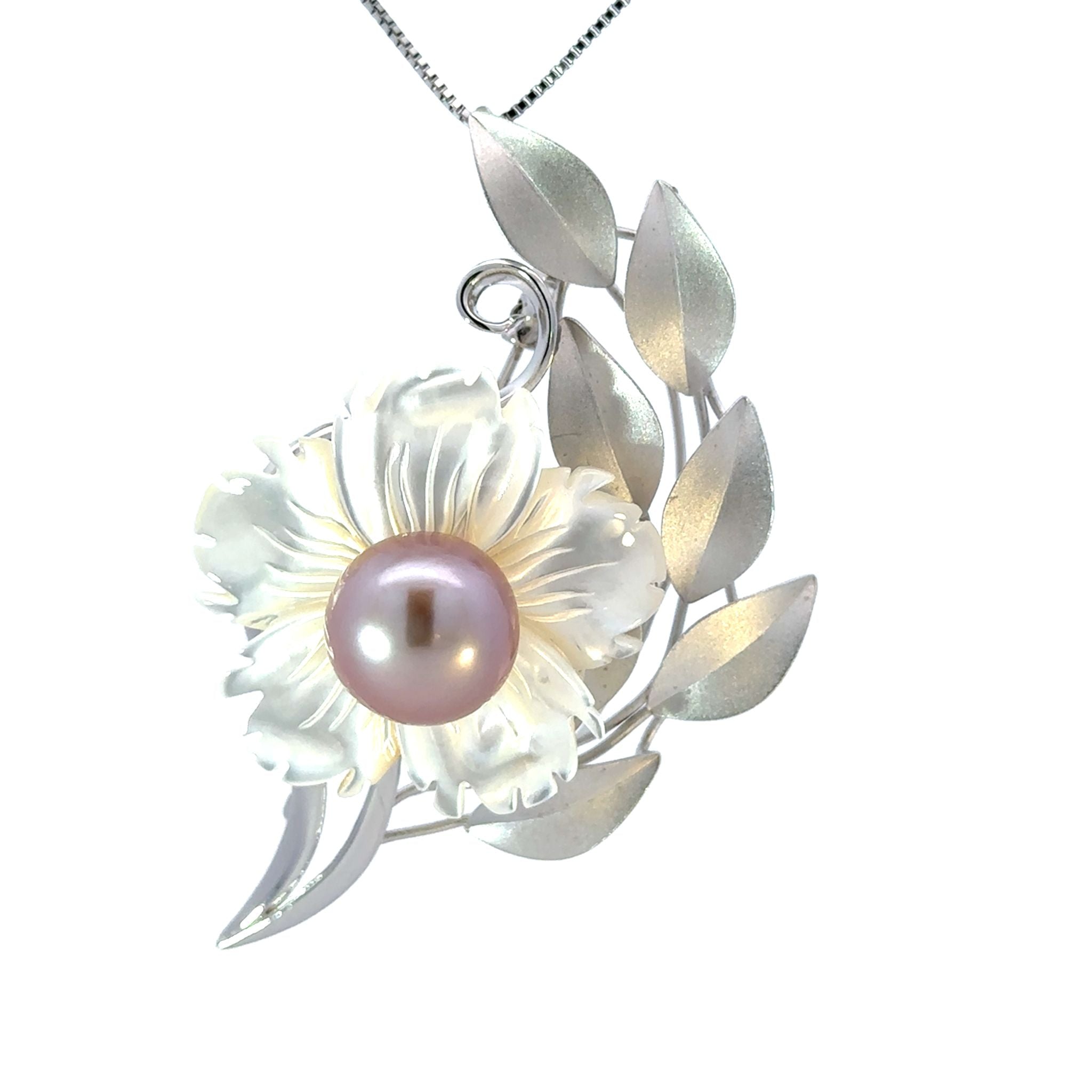 パール/シェル シルバーブローチ兼ペンダントトップ(淡水真珠/12mm/ピンクパープル系/フラワーモチーフ/6月誕生石)《26A00207》