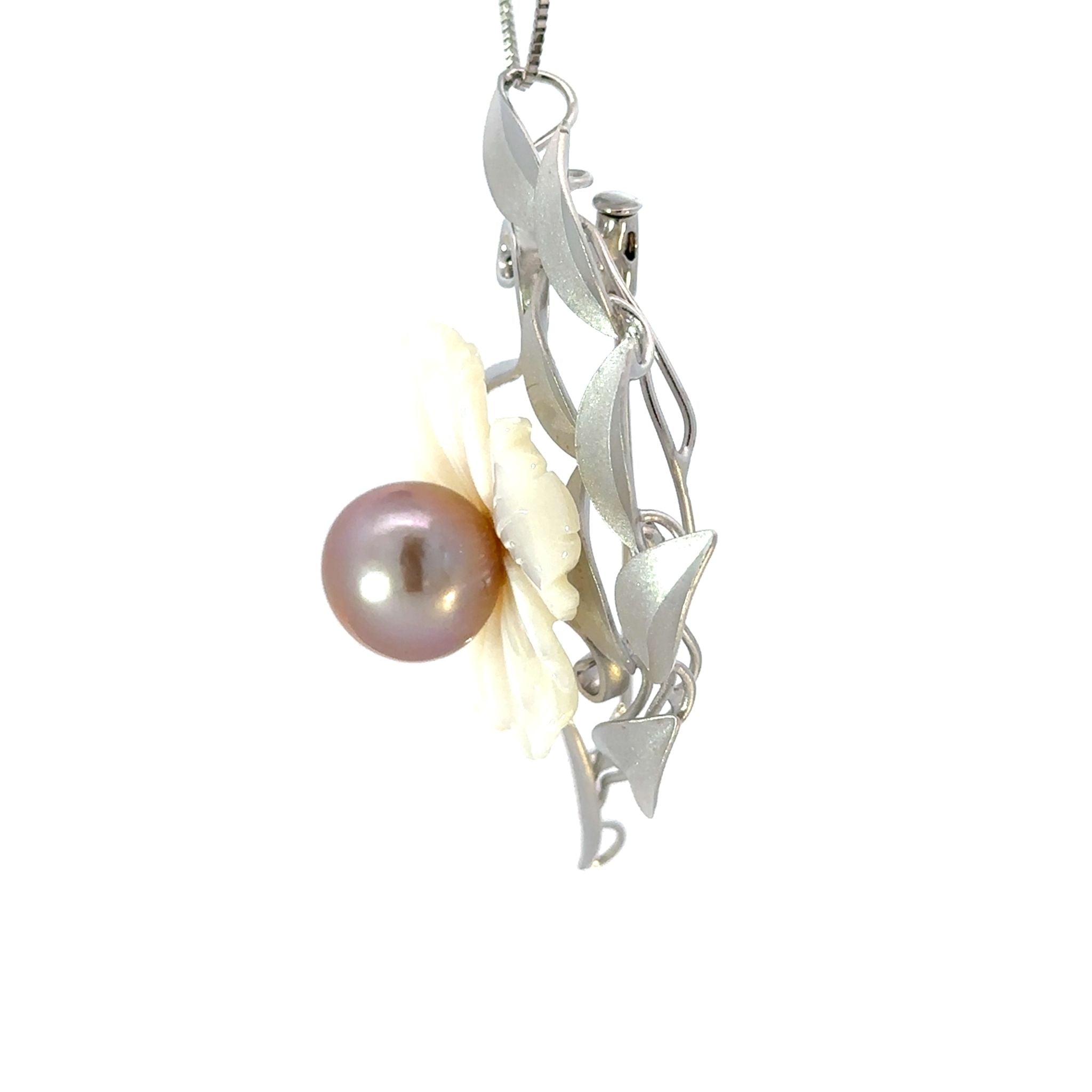 パール/シェル シルバーブローチ兼ペンダントトップ(淡水真珠/12mm/ピンクパープル系/フラワーモチーフ/6月誕生石)《26A00207》