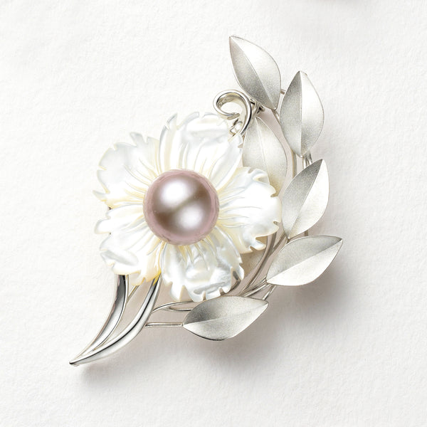 パール/シェル シルバーブローチ兼ペンダントトップ(淡水真珠/12mm