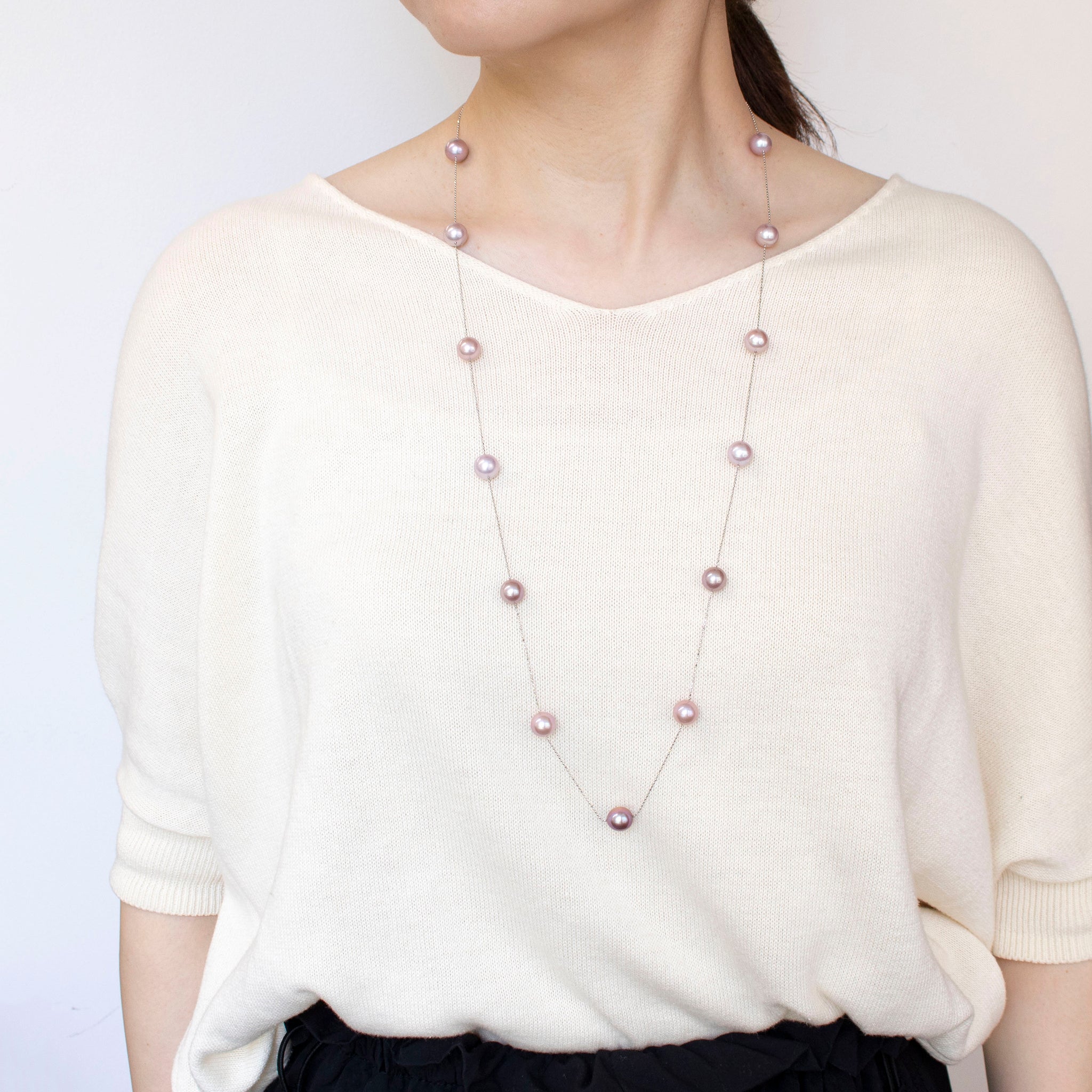 パール プラチナネックレス(淡水真珠/ロング/80cm/ステーション/6月誕生石)《26A00208》